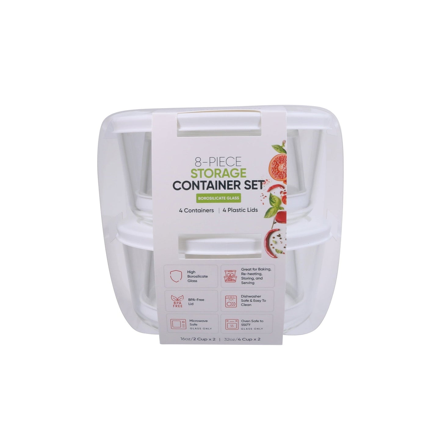 8 Piece Set (2 X 2 Cup / 16Oz & 2 X 4 Cup / 32Oz) Round Glass Storage Containers With Lids, White-0