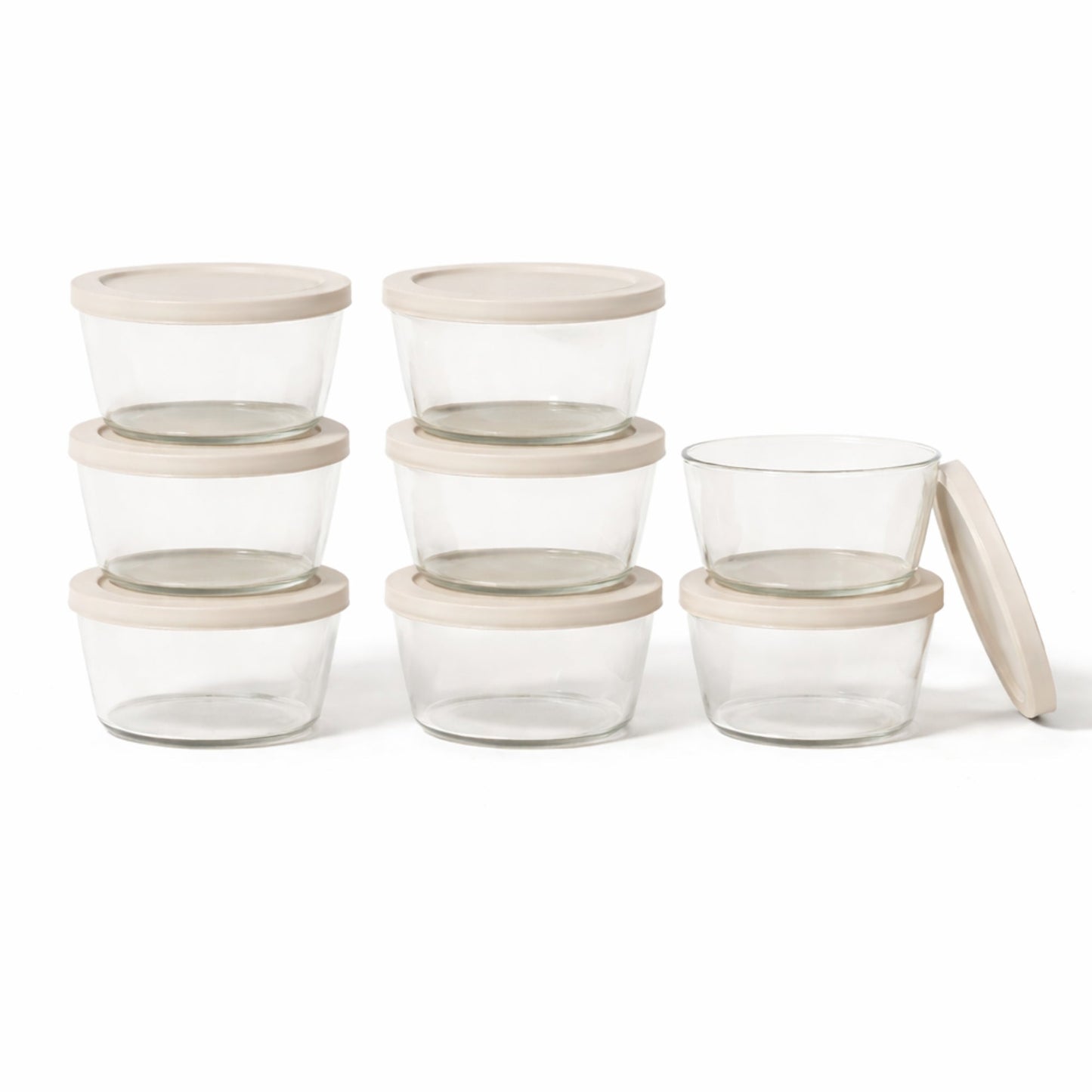 16 Piece Set (1 Cup / 8Oz) Round Glass Storage Containers With Lids, Warm Beige-0