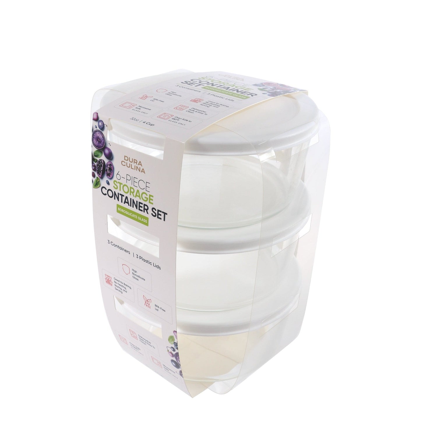 6 Piece Set (4 Cup / 32Oz) Round Glass Storage Containers With Lids, White-0