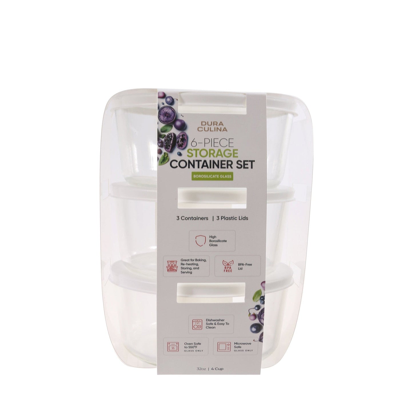 6 Piece Set (2 Cup / 16Oz) Round Glass Storage Containers With Lids, White-0