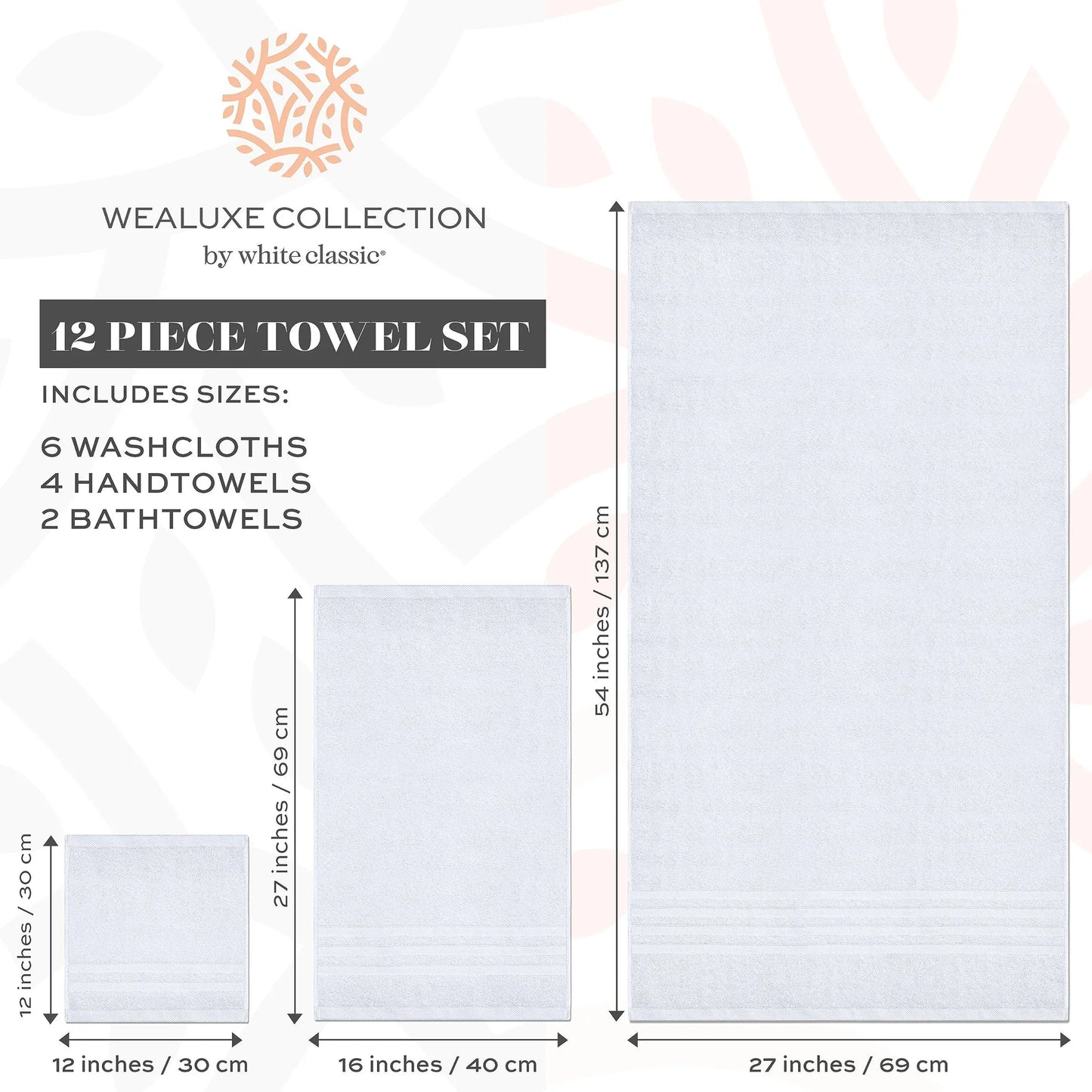 12 Piece Bath Towel Set for Bathroom 2 Bath Towels 4 Hand Towels 6 Washcloths 100% Cotton Soft and Plush Highly Absorbent Soft Towel for Hotel & Spa W