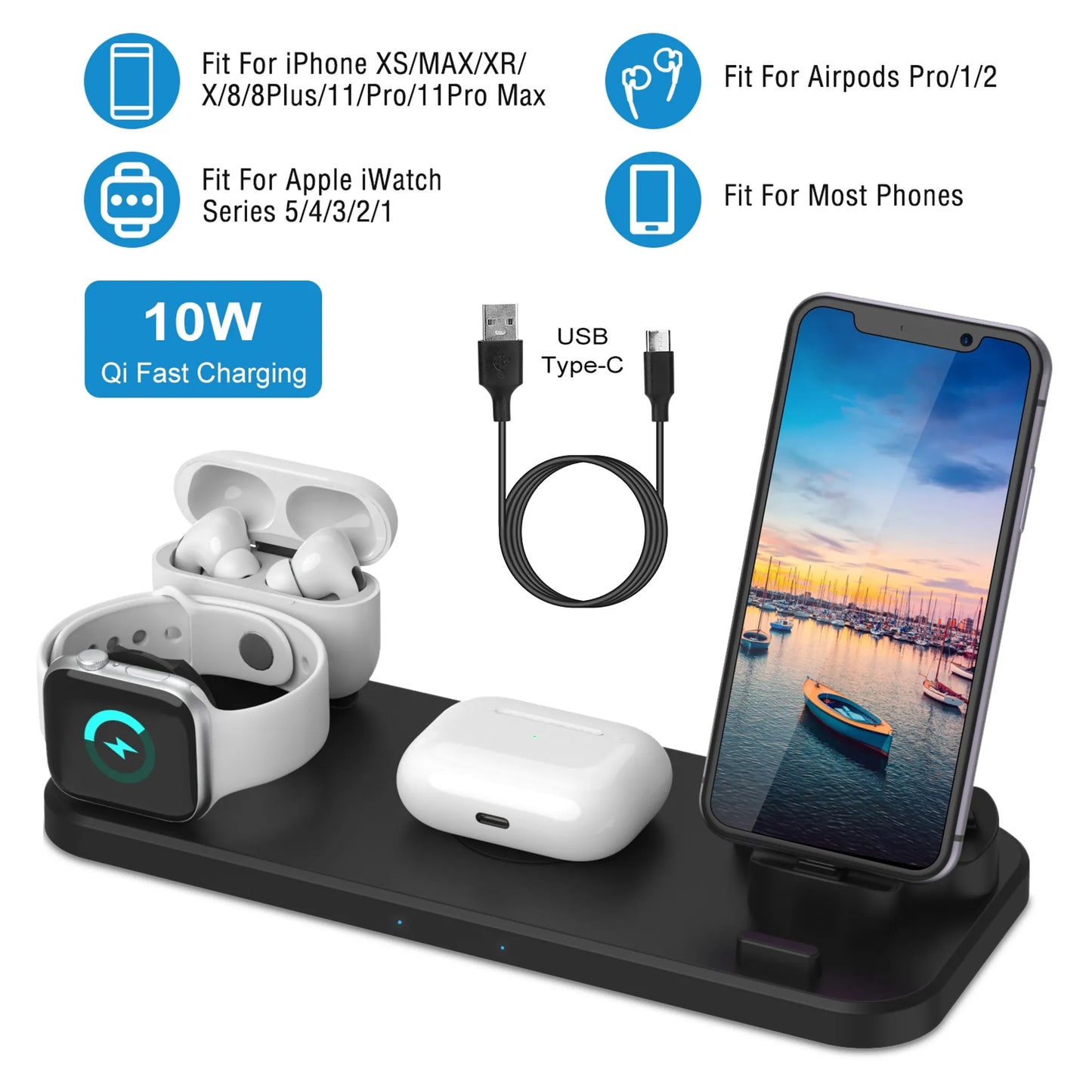 6 In 1 Qi Wireless Charger 10W Fast Charging