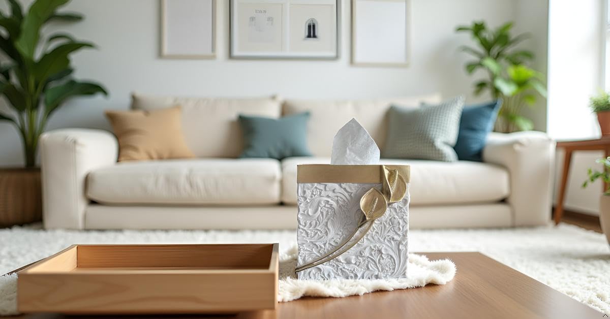 Square Tissue Box Cover Decorative Kleenex Box Holder for Bathroom & Living Room with Handcrafted Texture (colla Gold) BST220
