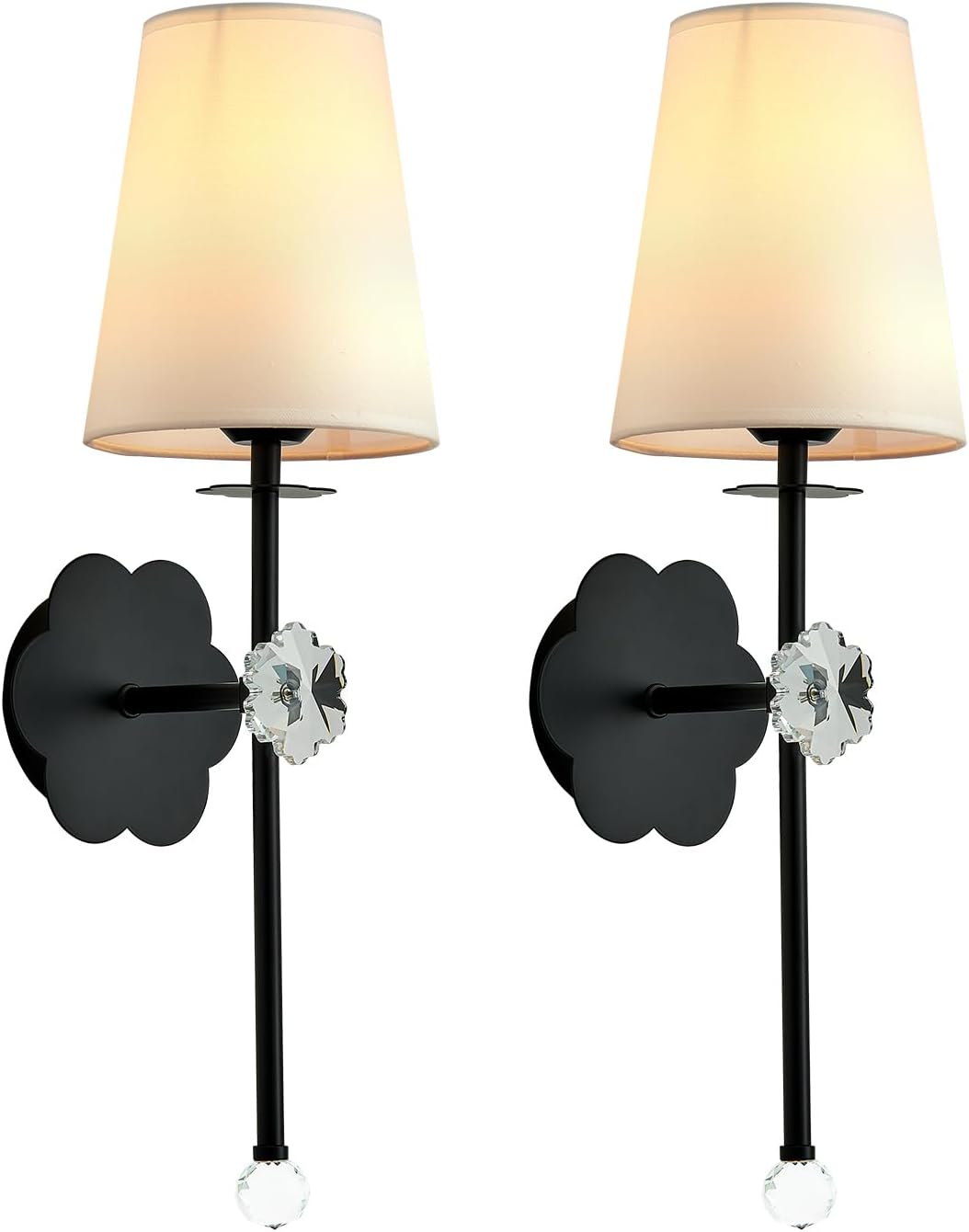 Battery Operated Wall Sconces, Black, Set of 2 | Crystal Plum Blossom Decor, Rechargeable, Detachable, Remote Cordless, Indoor for Bedroom Living Room Hallway Stairs WN420