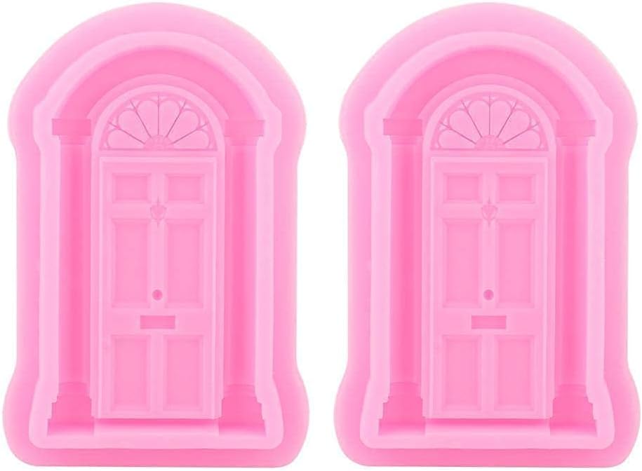 2Pcs Window Frame Fondant Cutter Silicone Mold for Cake Decorating with 3D Door House Castle Design Microwave Safe Dishwasher Safe Non Stick Flexible Baking Tool BST202