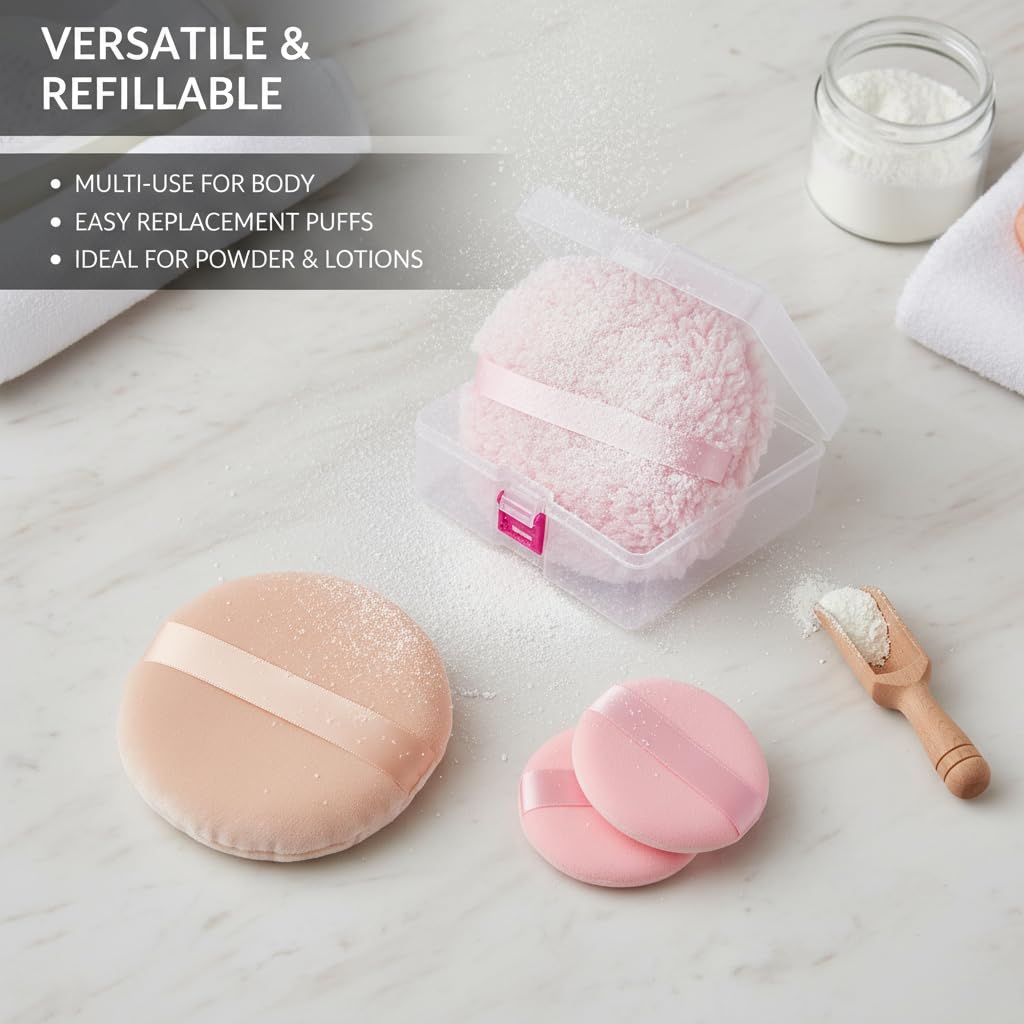 4-Pack Powder Puff and Container, 3 Sizes Makeup Puff Set Includes 6" Body Powder Brush & Face Puffs (13cm & 7.5cm), Soft Dusting Puffs for Women WN420