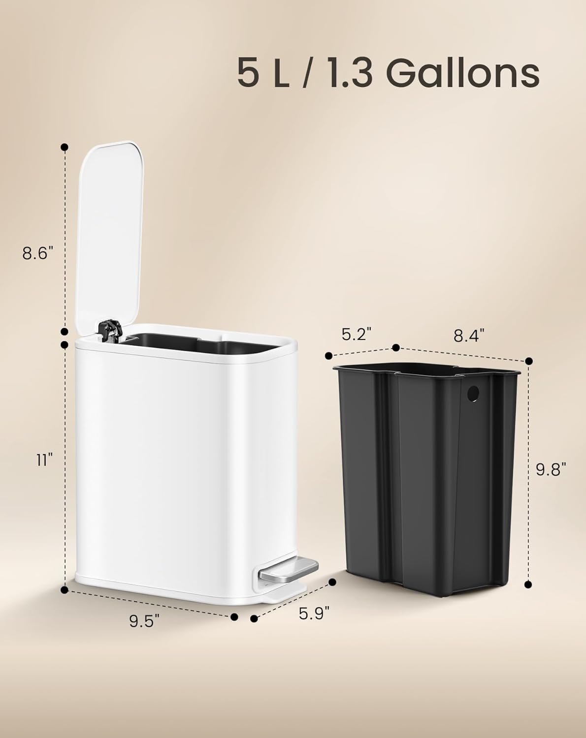 Cesun Small Bathroom Trash Can with Lid Soft Close, Step Pedal, 5 Liter / 1.3 Gallon Stainless Steel Garbage Can with Removable Inner Bucket, Waste Basket for Bathroom, Bedroom (White) DD1210