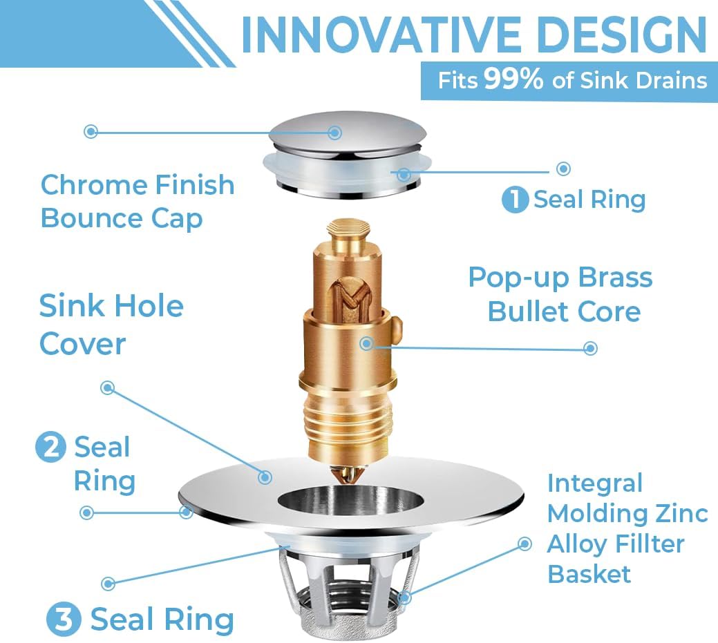Universal Bathroom Sink Stopper | Pop Up Bathroom Sink Drain Strainer Plug for 1.06"-1.96" Basin Drain Holes | Rust-Proof Stainless Steel Sink Drain Stopper WN420