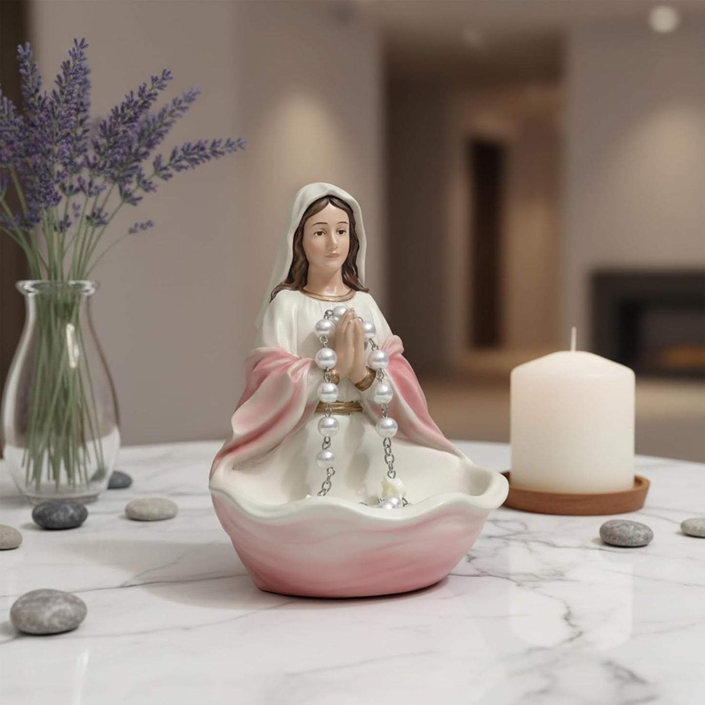 Blessed Mother Statue, Hand Painted Virgin Mary Rosary Holder Catholic Gifts for Women, 6 Inches Saint Mary Statue Religious Home Tabletop Altar Decor (Pink) BST202