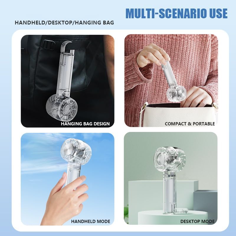 Portable Fan with Ice Cooling -Mini Handheld USB Rechargeable 3-Speed Fan Transparent Lightweight Personal Fan for Travel Desk Home and Office for Women and Men BST202