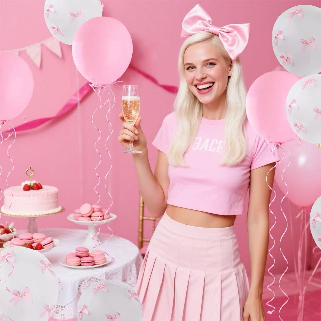 Pink Bow Balloons,32Pcs White Pink Balloons (18" & 12") & 100Pcs Mini Ribbon Bows DIY Bow Balloon Party Decor for Birthday, Wedding, Bachelorette, Anniversary Parties,Coquette Birthday Decorations BST326L
