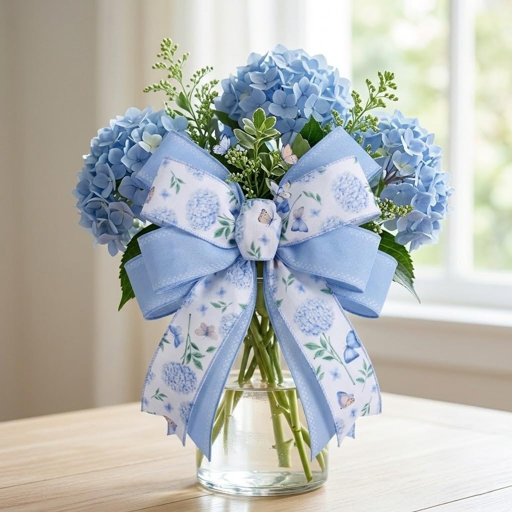 2 Rolls 10 Yards Spring Blue White Floral Wired Ribbons for Wreath Bows Wrapping Gifts, Hydrangea Butterfly Ribbon for Holiday Wedding Birthday Baby Shower Party Décor Summer DIY Crafts 2.5" BST202