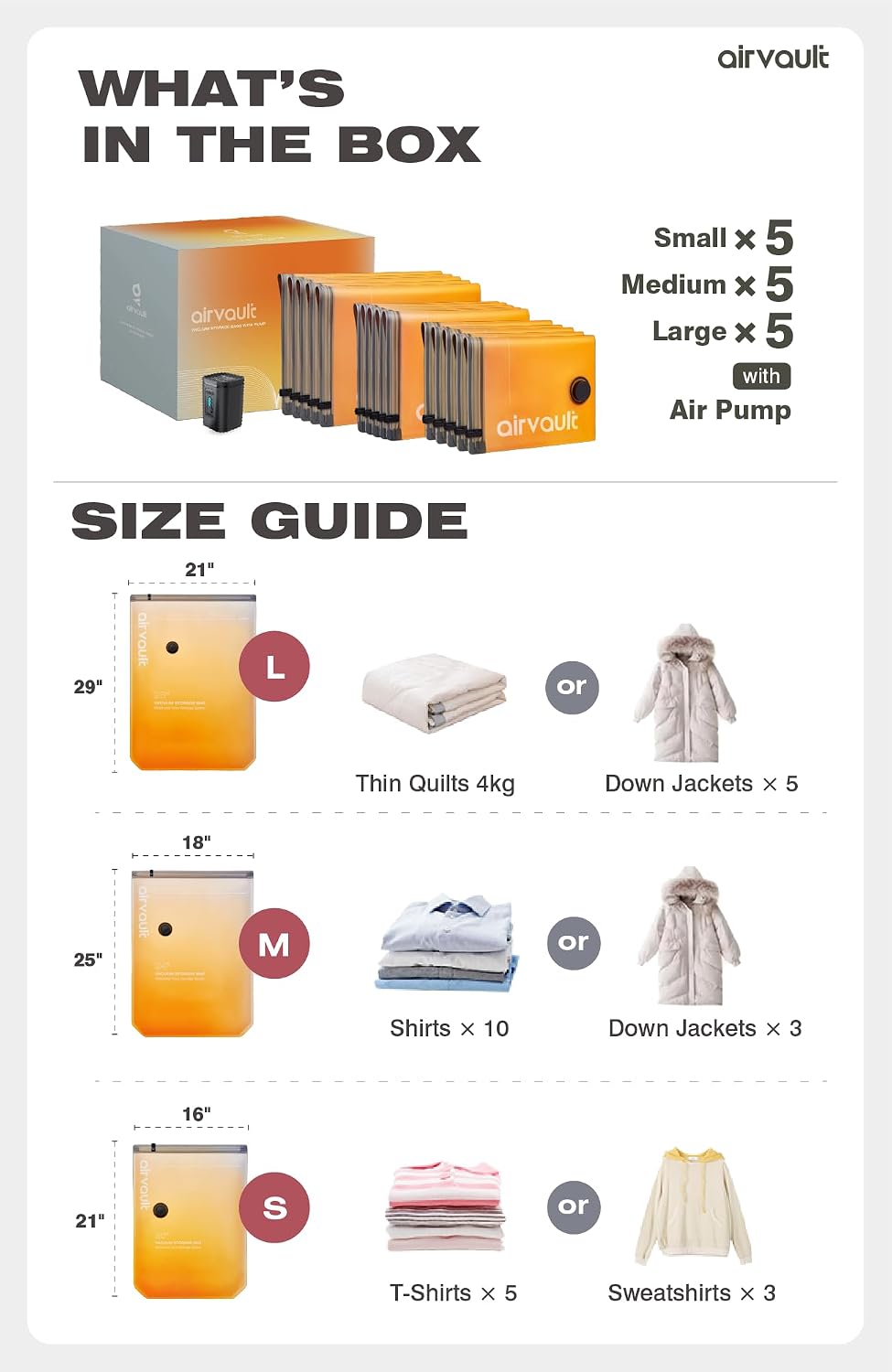 AirVault Vacuum Storage Bags for Travel & Home - Space Saver Compression Packing Bags Set for Clothes, Blankets & Seasonal Storage, Small (5), Medium (5), Large (5) (Orange,15-Pack Combo) BST326H