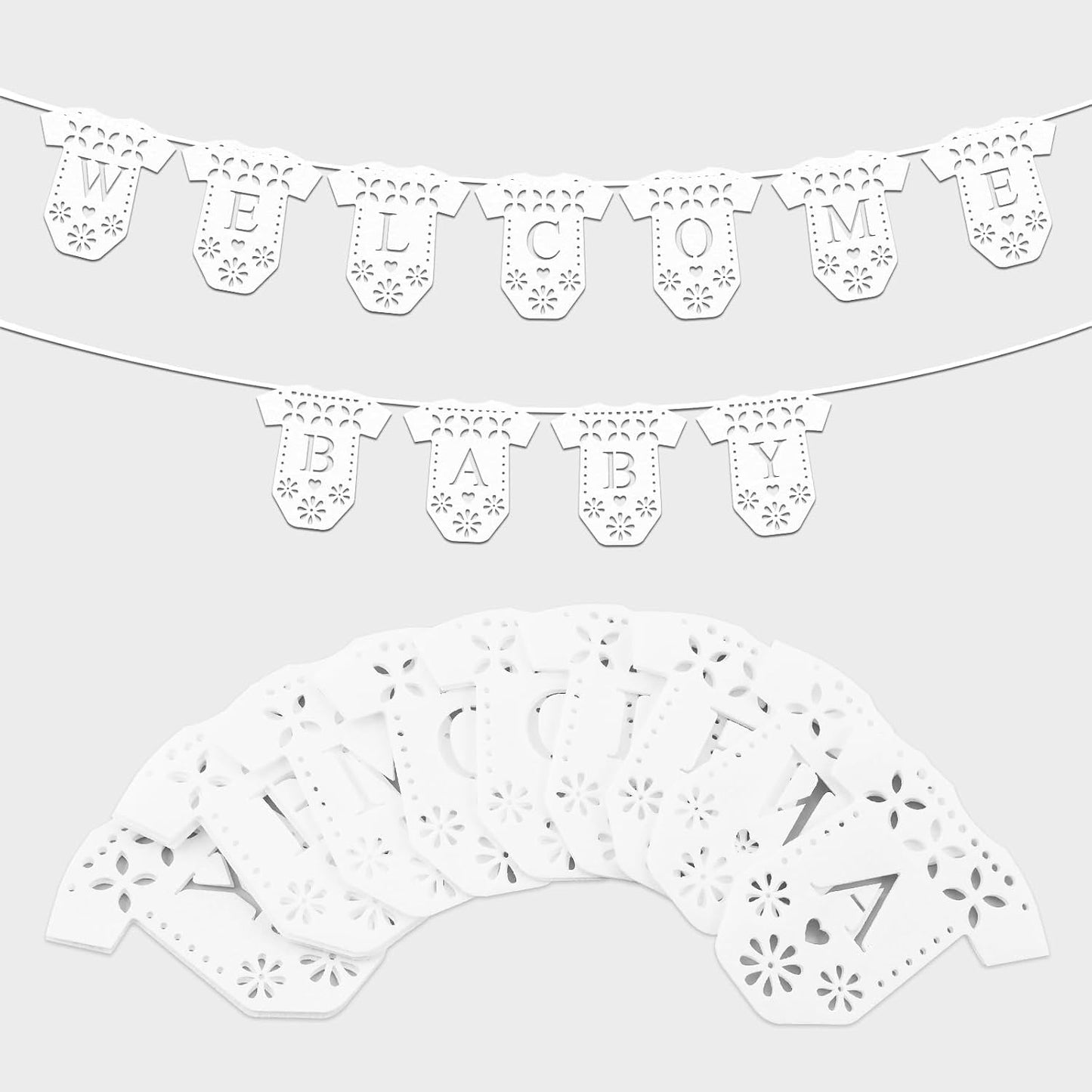 2 Pack White Papel Picado Banner, Mexican Welcome Baby Banner, Felt Onesie Baby Shower Garlands, Fiesta Gender Reveal Party Supplies, Baby Shower Backdrop Decoration Props BST220
