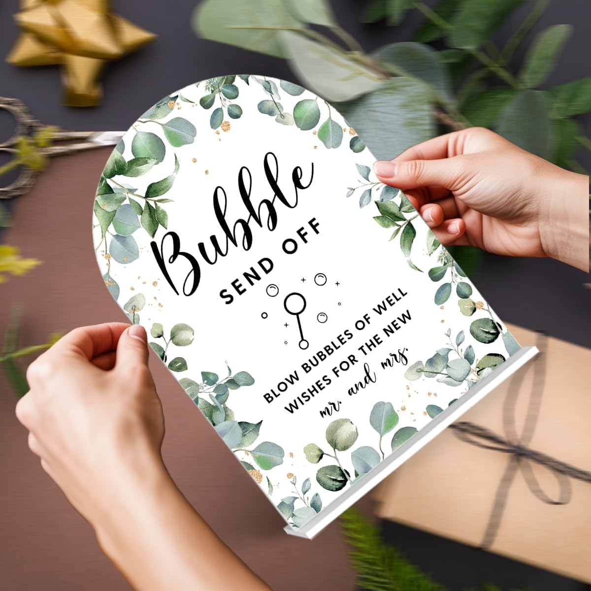 Acrylic Wedding Signs, Bubble Send Off Signs for Marriage Reception, Bridal Shower Decorations, Modern Arched Round Top Acrylic Table Top Sign with Holder for Wedding Party (White Eucalyptus Leaves) BST326L