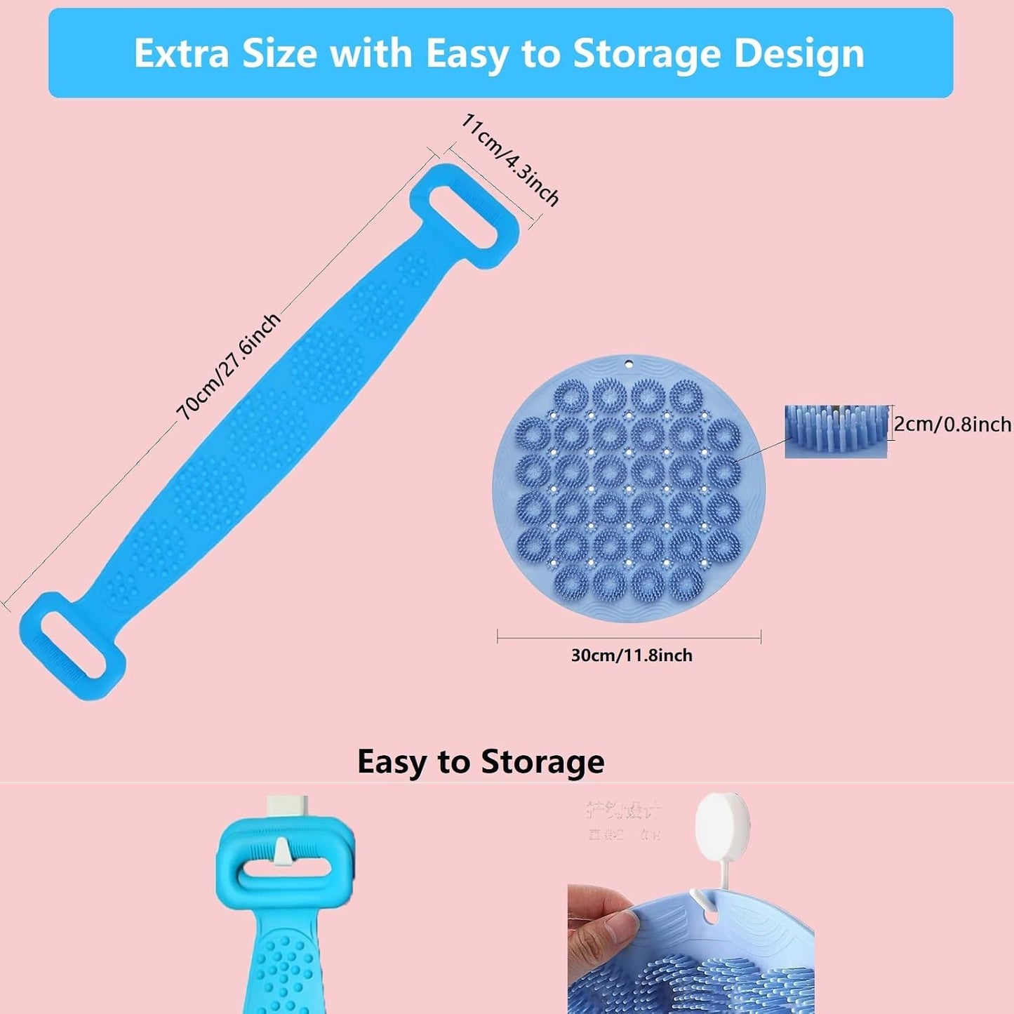 Foot Scrubber&Back Scrubber for Shower Set.Detachable Exfoliating Back Scrubber with Handle+Suction Cup Anti-Slip Foot Scrub Mat Wall Mount for Hygienic Storage&Deep-Cleaning for Men&Women(Pink) BST202