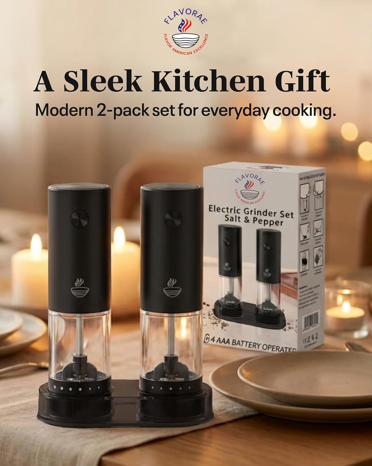 Electric Salt and Pepper Grinder Set - Black 2 Pack Battery Operated Mills with 95ml Large Capacity, Adjustable Coarseness, Built-in LED Light, Automatic Salt & Pepper Shakers for Kitchen BST220