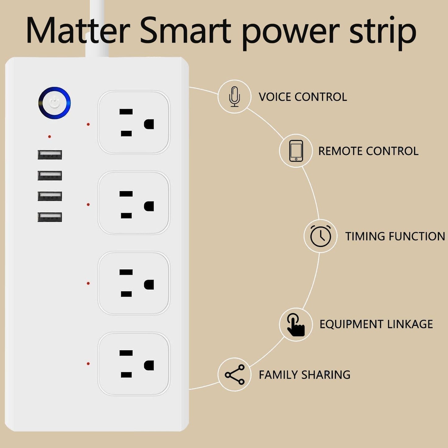 XENON Matter Smart Power Strip, Surge Protector,Support Apple HomeKit, Alexa, Google Home with Schedule Timer, App & Voice Control,5 Ft Extension Cord with 4 Smart Outlets and 4 USB Ports