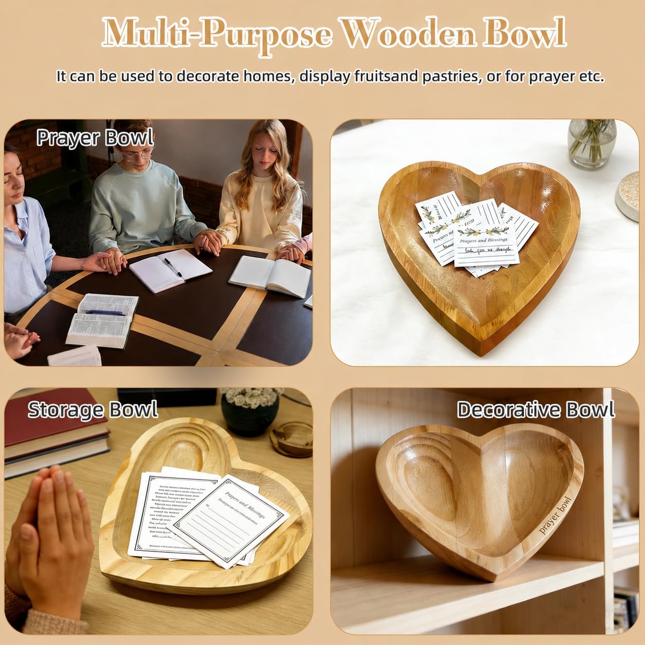Prayer Bowl Wooden with 24 Prayer Cards,Heart Shaped Decor Prayer Bowl,Religious Gift for Women,Mom, Dad, Daughter or Husband,Christian Easter Gifts for Mom,Men BST220