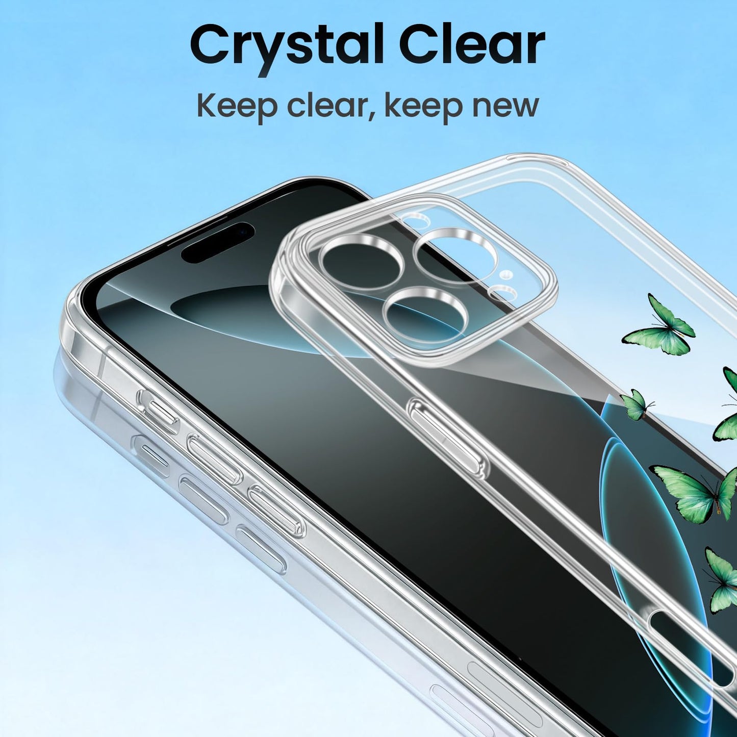 Cute Girly Crystal Clear Case Compatible with iPhone 16 Pro, Camera Control & Shockproof Protection Floral Case for Women, Blue Butterflies WN420
