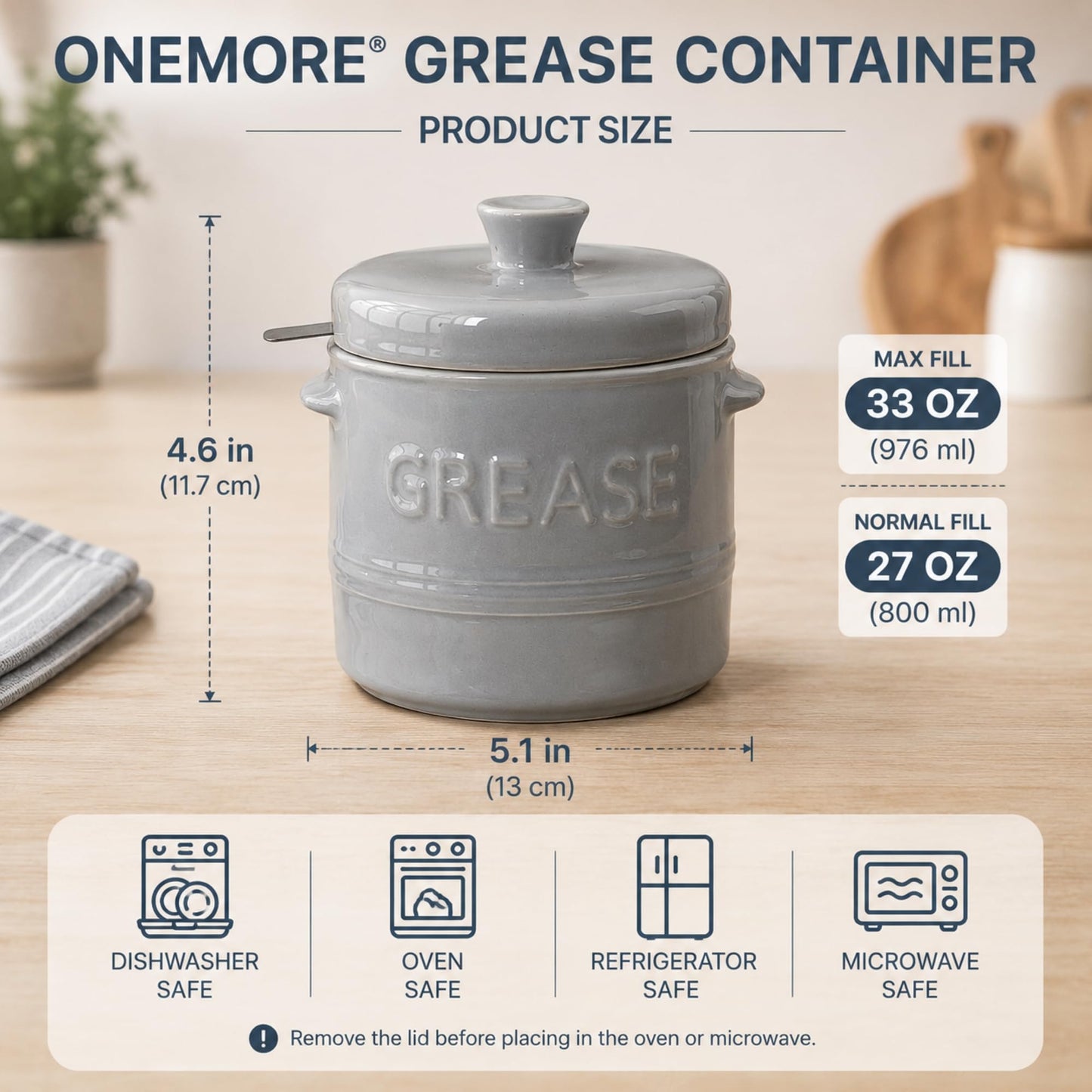 ONEMORE Ceramic Bacon Grease Container with Strainer N25