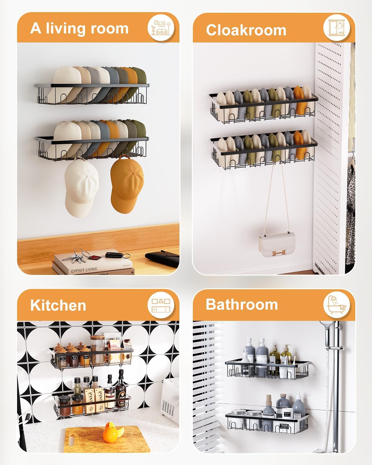 Hat Rack for Wall, 2 Pack Large Hat Organizer with More Hooks, Holds 56 Caps, Metal Wall Mounted Hat Holder for Baseball Caps, Closet Bedroom Kitchen Bathroom, Black WN420
