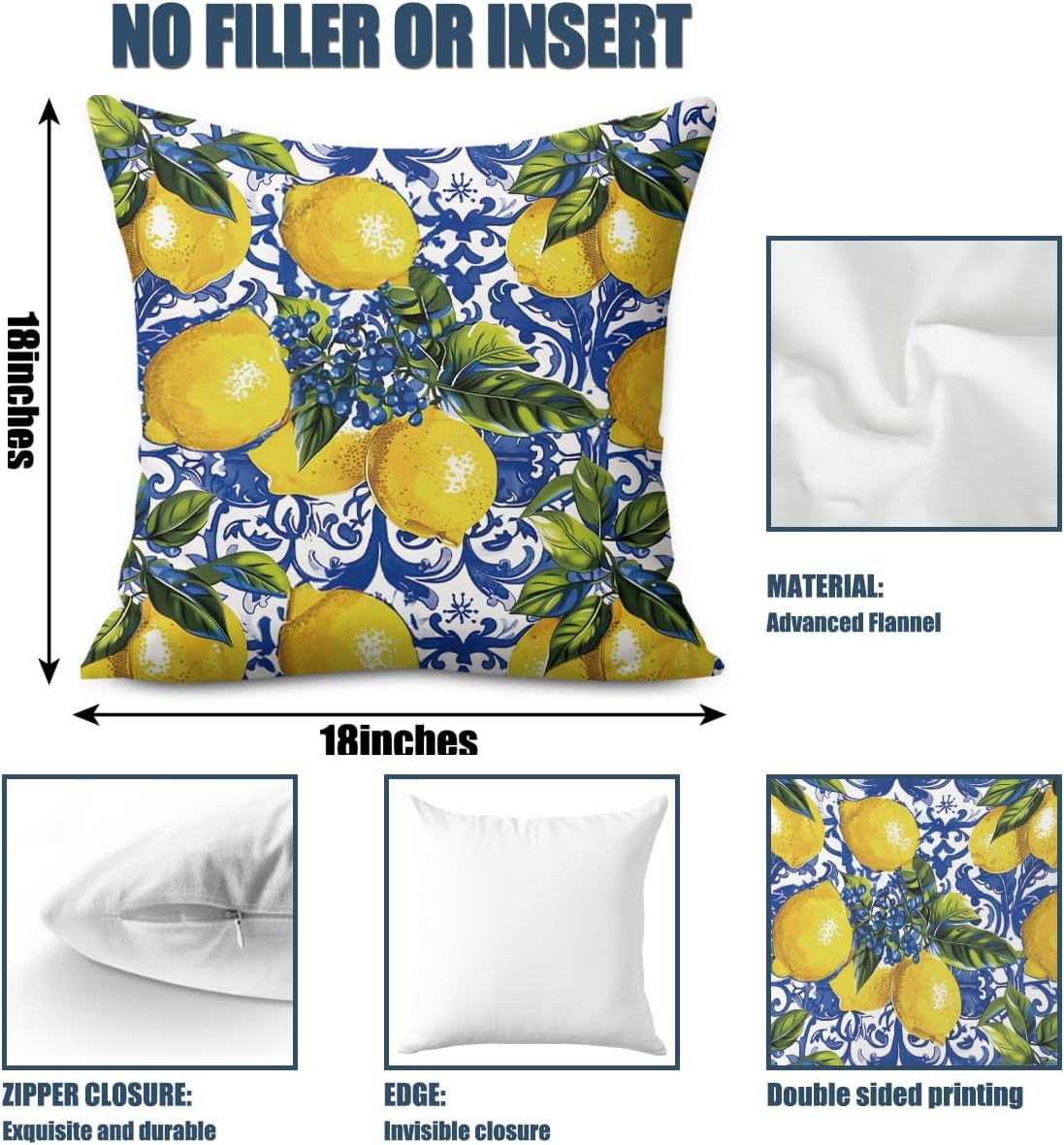 4 PCs Lemon Decor Pillow Covers 18x18, Italian Gifts Throw Pillow Covers | Italy Lemon Pillow Cases Decorative Pillow Protectors Living Room Bedroom Office Home Decor for Cushion Car Bed BST202