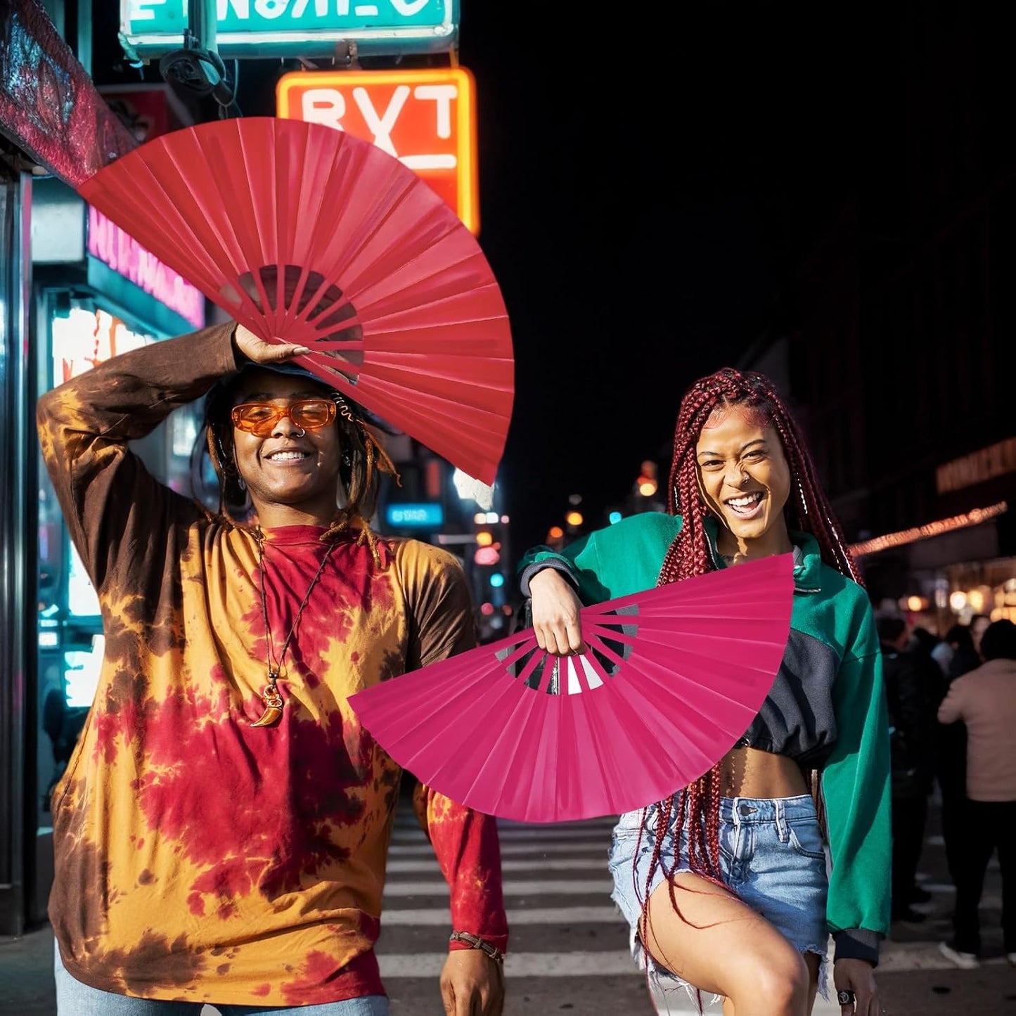 Handheld Folding Fan 13 Inch, Hand Fans for Women Foldable, Large Rave Fan, Dance Performance Prop Fan, Boots on the Ground Fan, Cool Fan on the Street Portable for Outdoor (1 Pcs Rose) WN420