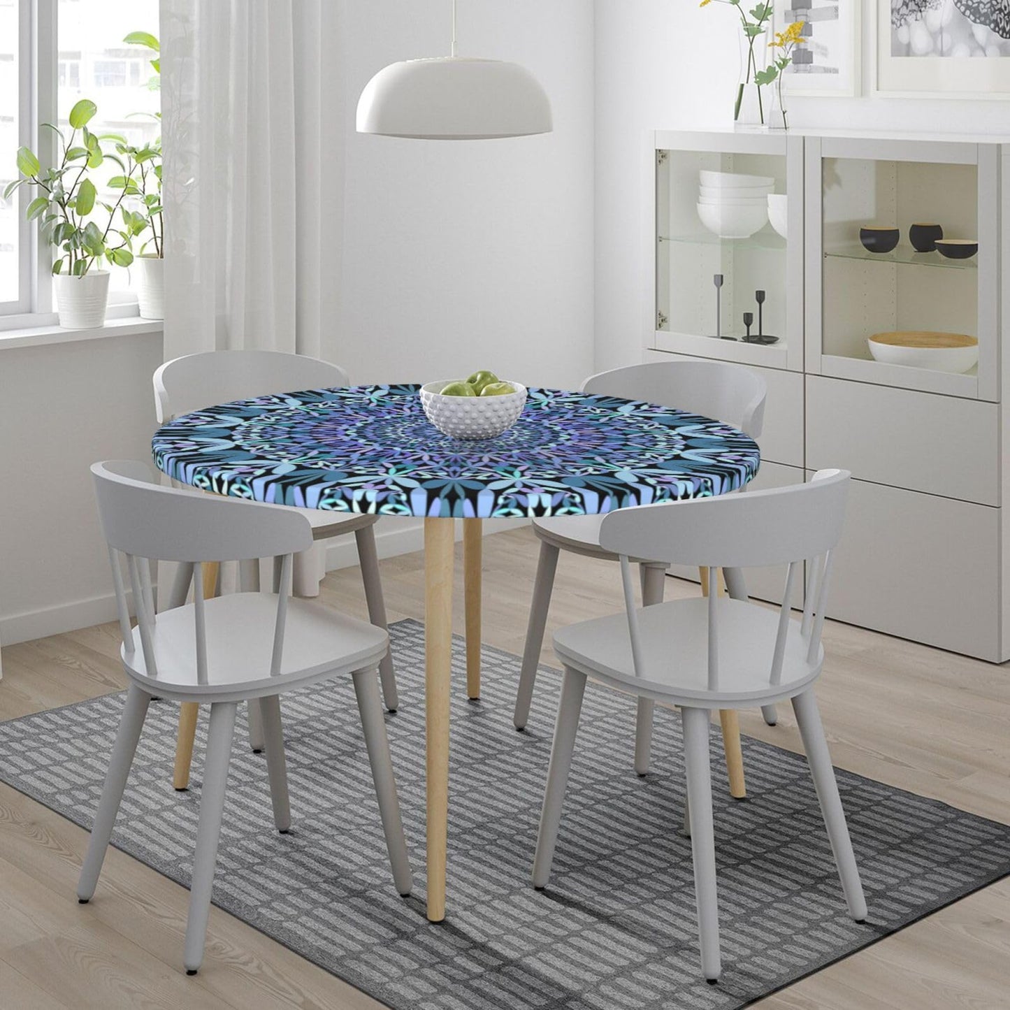 Blue Petal Mandala Pattern Tablecloth with Elastic Edge, Round Table Cover Washable Reusable Bohemian Table Cloths for Kitchen Dining Party, Medium (Fits 45-50 in) BST202