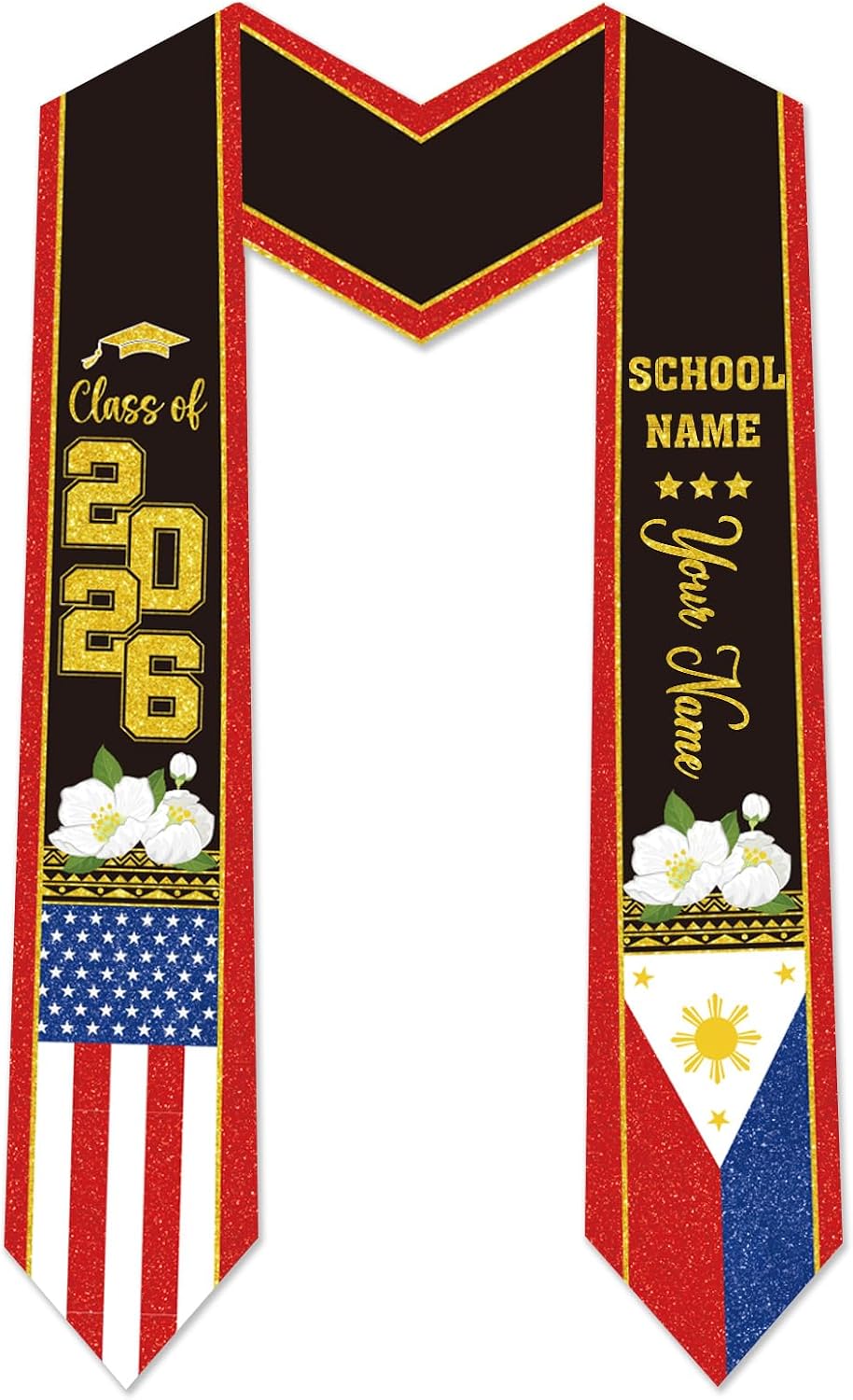 Dazoratix Filipino Graduation Stole 2026 - Philippines American Flag Sash Personalized Custom Glitter Iron on Letters Patches DIY Customize Transfer Stickers for Senior Student School Grad Decorations BST326L