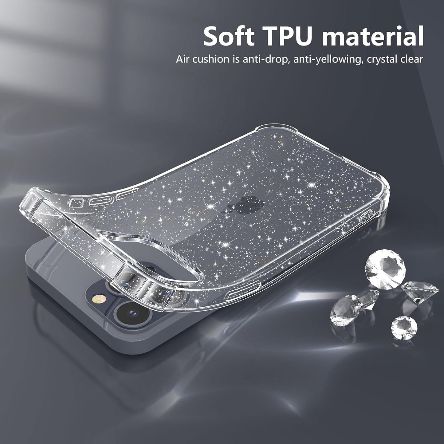 for iPhone 15 Pro Case Glitter with 2 Pack Screen Protector + 2 Pack Camera Lens Protector, Clear Glittering Cute Phone Case Shockproof Soft TPU Bumper Cover for Women Girls WN420