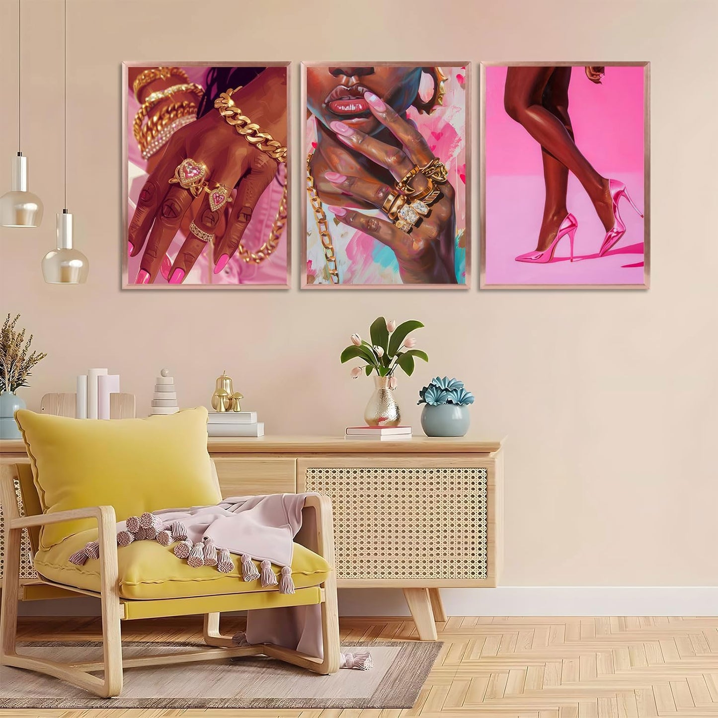 3Pcs Pink Fashion Black Girl Canvas Wall Art African American Black Woman Wall Decor Pictures Gorgeous Black Girl Posters Prints for Living Room Bedroom Artwork Home Decoration Unframed BST326H