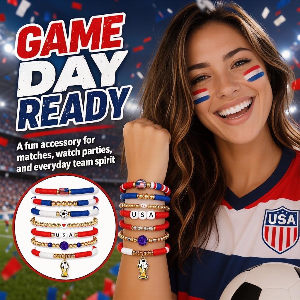 for FIFA World Cup 2026 Soccer Bracelets Gifts,for panini Game Day Soccer Bracelet Stack 7pcs Stackable Beaded USA Football Bracelets Outfits Jewelry Sports Fans Gifts Essentials Party Favors BST326L
