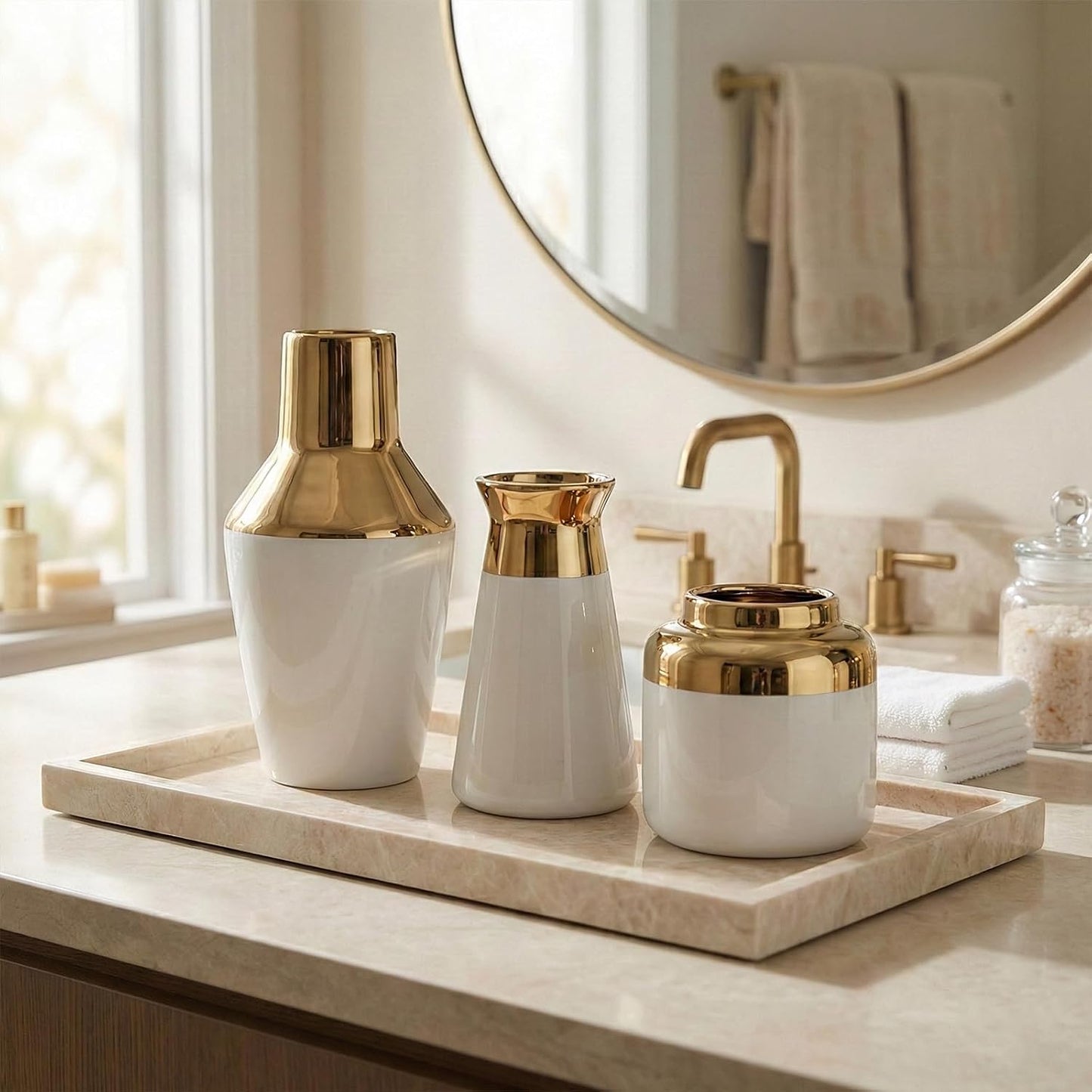3 Piece Wide Mouth Vase Set for Table Centerpiece, Ceramic White Gold Flower Vase for Pampas Grass Decor, Glossy Gold Unique Vases for Bathroom Fireplace Top Shelf Entryway Decorative BST220