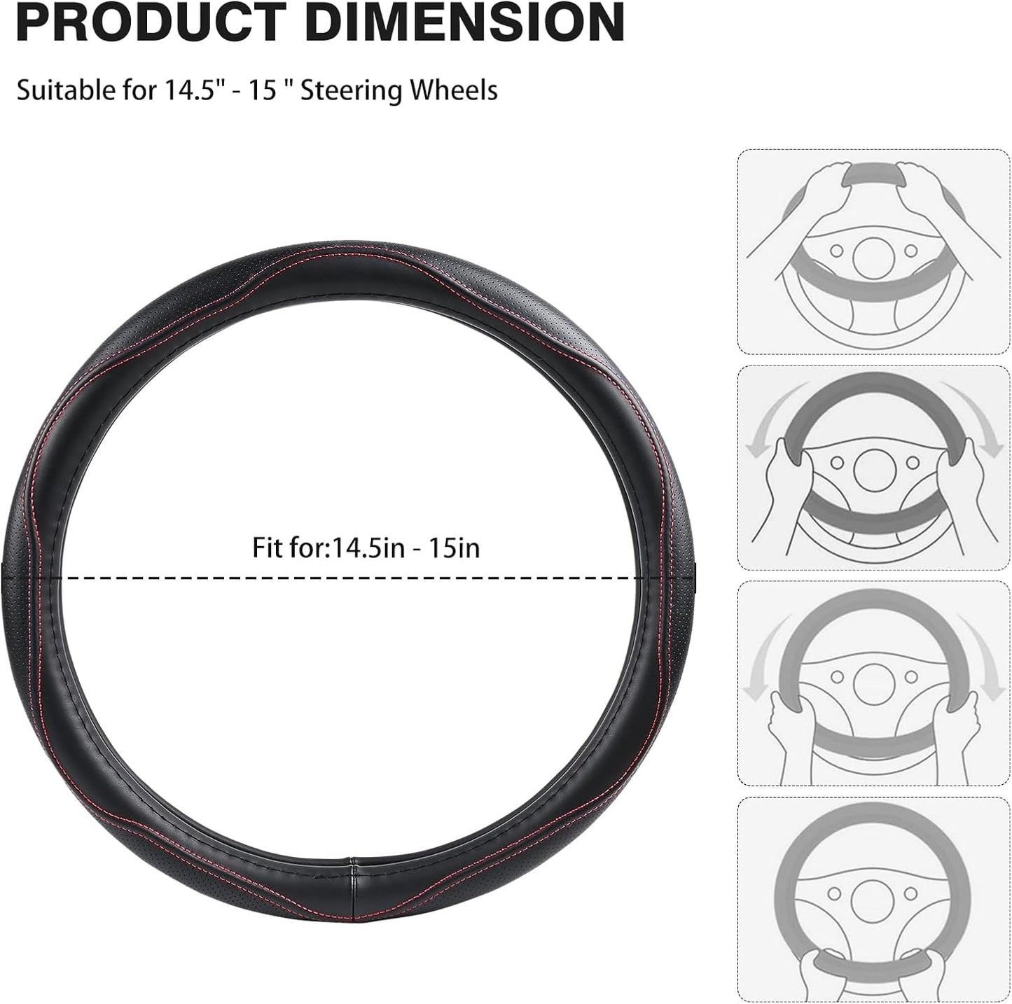 High-Grade Real Cowhide Steering Wheel Cover for Men Women,Black Genuine Leather Steering Wheel Cover for Cars,Universal 14.5-15 inch Steering Wheels WN420