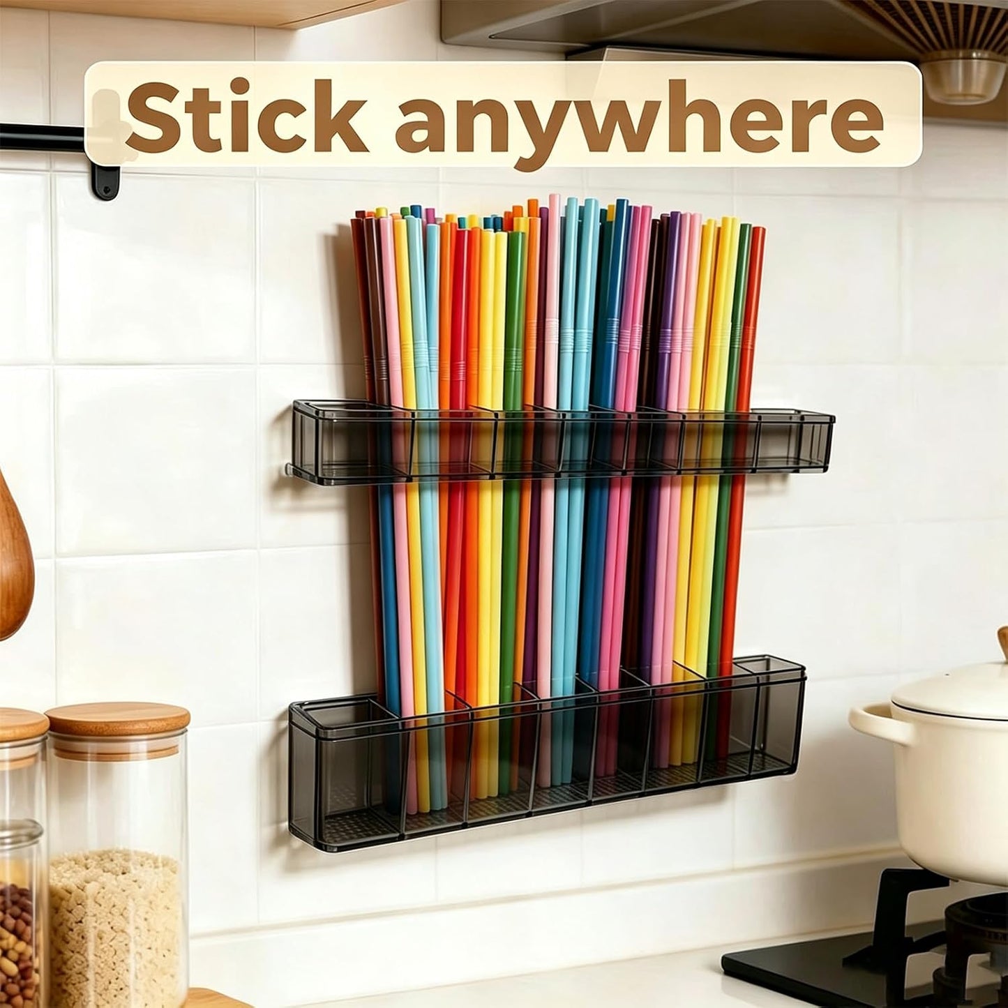9.8 inch double-layer removable and washable Large Acrylic Cabinet Straw Holder Organizer with Traceless Nano Adhesive – Space-Saving Storage Rack for Cabinet Door, Clear Black Straw Cabinet Holder BST202