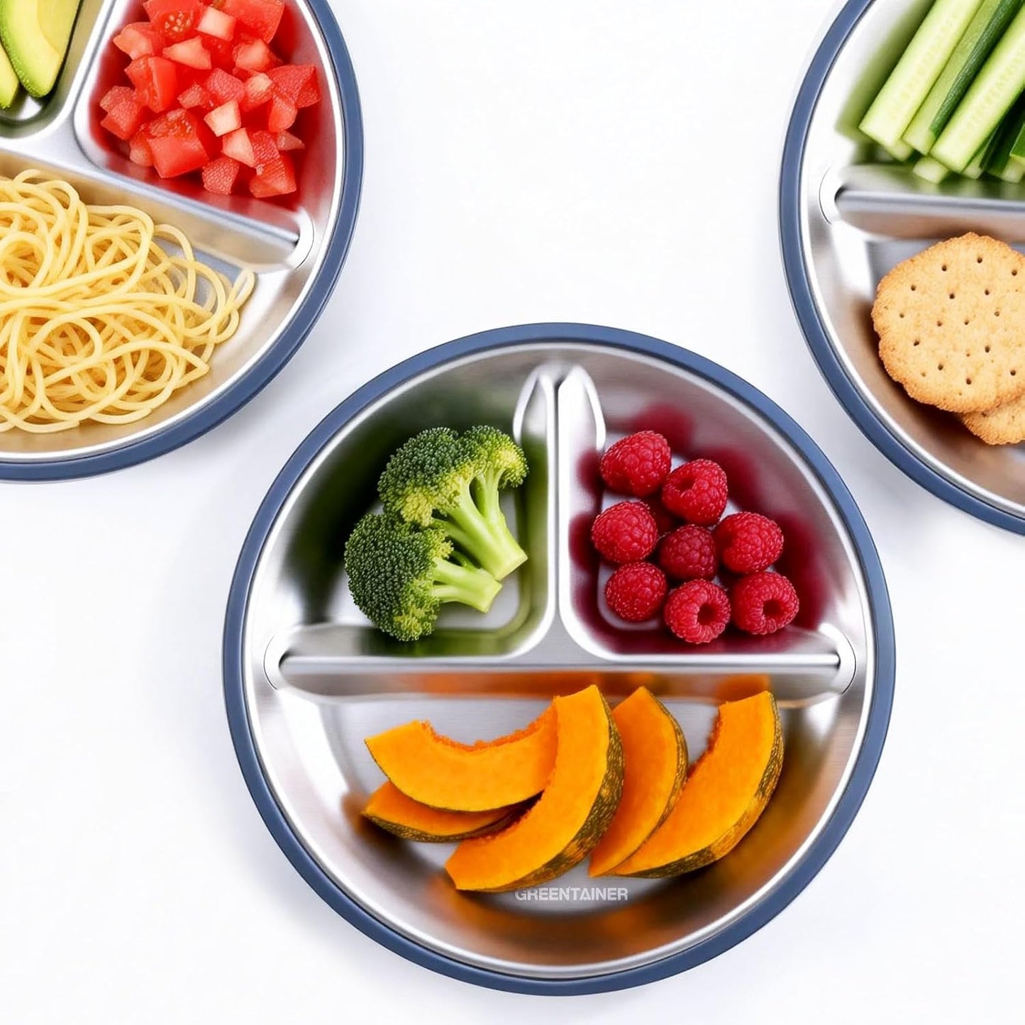 Greentainer 3 Pack Stainless Steel Baby Plates with Suction, Divided Toddler Plates with Removable Silicone Sleeves, Unbreakable Kids Dishes for Dinner & Snack, Non-Toxic, Dishwasher Safe BST326H