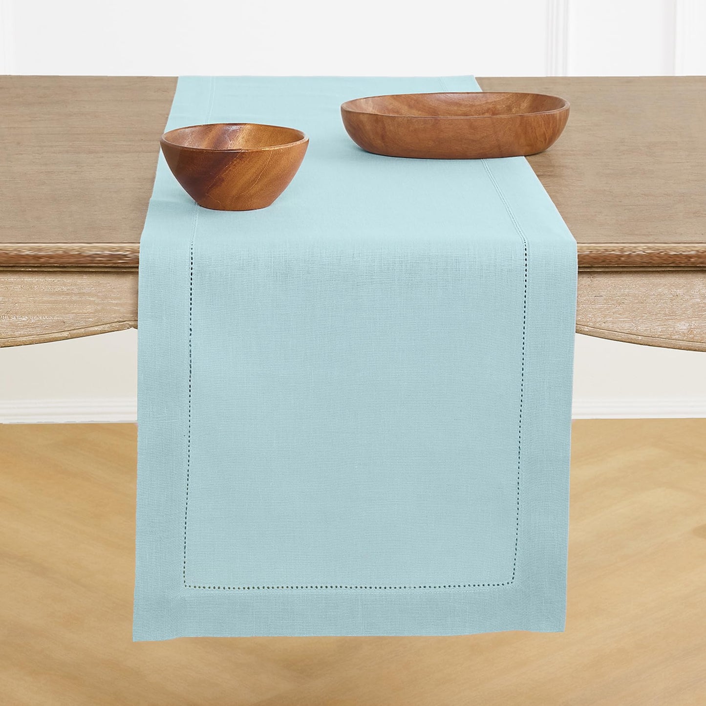 Solino Home 100% Pure Linen Table Runner Garden Green Hemstitch, 14 x 48 in | Classic Hemstitch Table Runners for dining, hallway and console table styling | hand hemstitched borders | OEKO-TEX Certified BST326SOLH