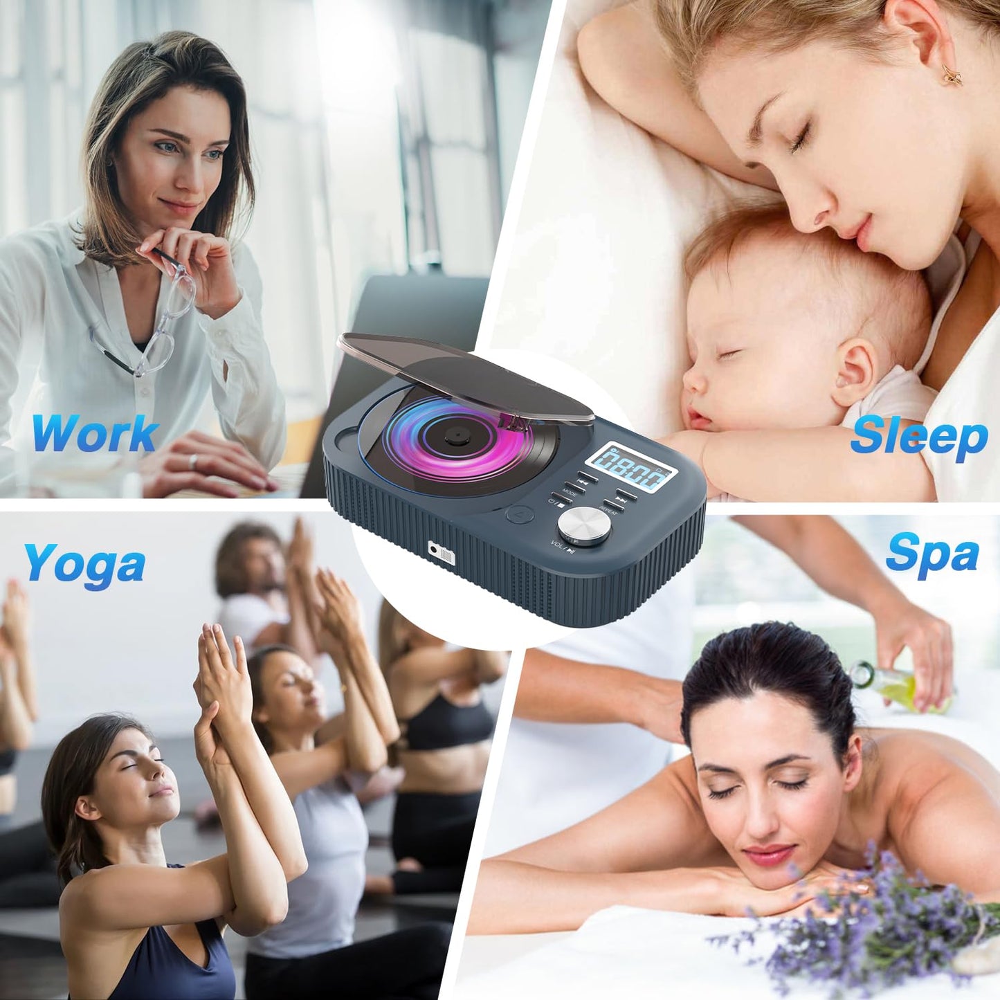 CD Player Portable,MONODEAL White Noise Portable CD Player with Bluetooth/Dual Stereo Speakers,Support FM Radio/USB/AUX,Remote Control,4000mAh Rechargeable CD Players for Car/Home Navy Blue