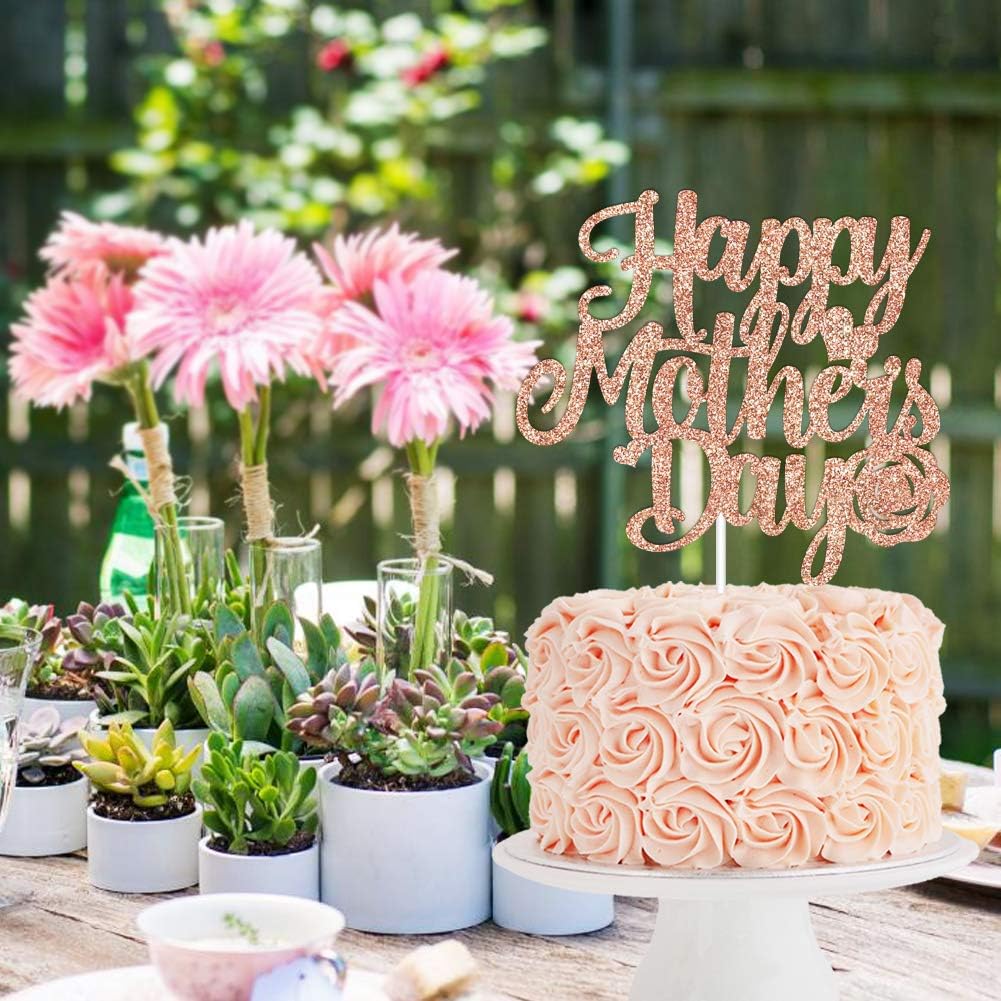 Happy Mother's Day Cake Topper - Rose Gold Glitter Cake Decorations I Love Mom Thanks Mom Home Celebrate Party Decor centerpiece Mothers Day Gift(DOUBLE-SIDED Paper) BST326L