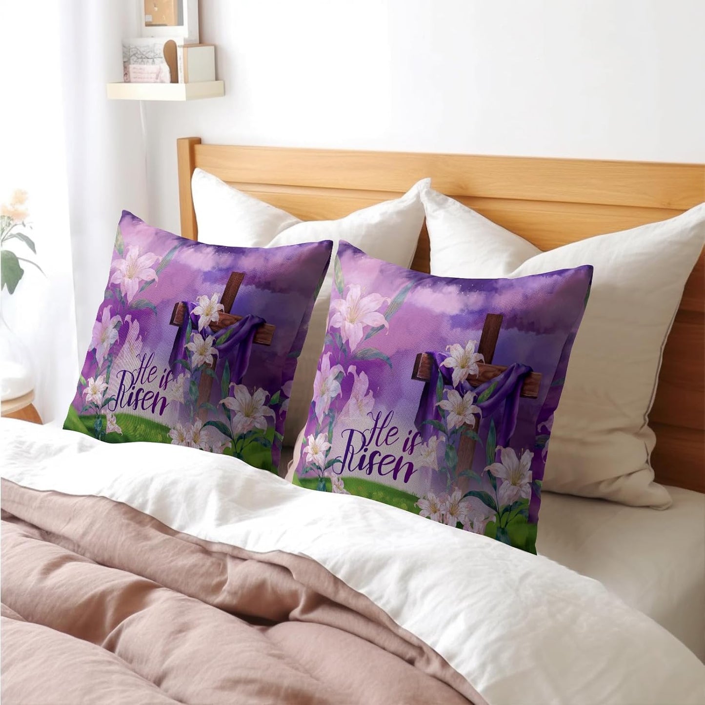 Kawani Easter Throw Pillow Covers 18x18 Set of 2 He is Risen Cushion Case Cotton Linen Square Happy Easter Purple Throw Pillows Case for Spring Flowers Party Sofa Couch Bed Bench Outdoor BST326L