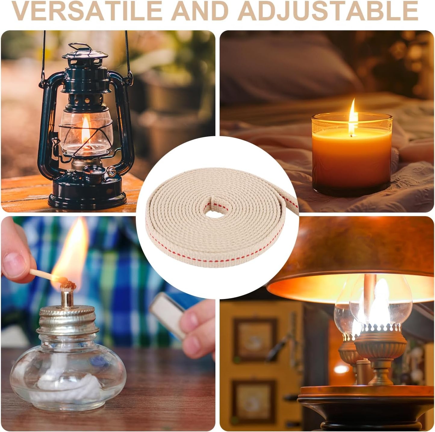 Oil Lamp Wicks, 1/2in Total Length 9.84ft Cotton Flat Oil Lantern Wicks Cotton Flat Wick for Paraffin Oil Wicks for Oil Lamps with Red Stitch Replacement Parts for Kerosene Burner Lamp(White) BST326L
