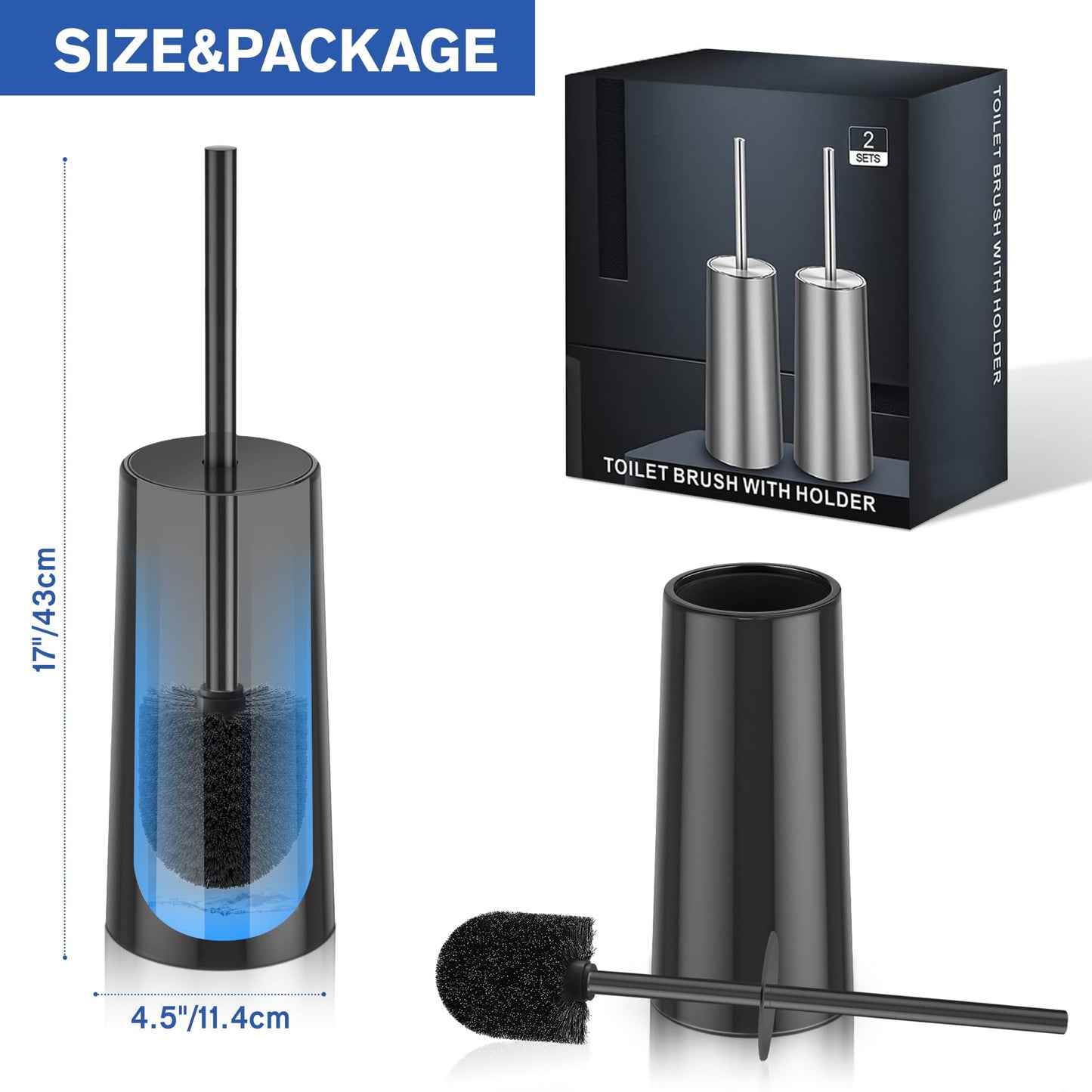 Toilet Brush and Holder, 2 Pack Toilet Brush Stainless Steel, Toilet Bowl Brush for Bathroom Toilet-Ergonomic, Elegant,Durable (Silver)