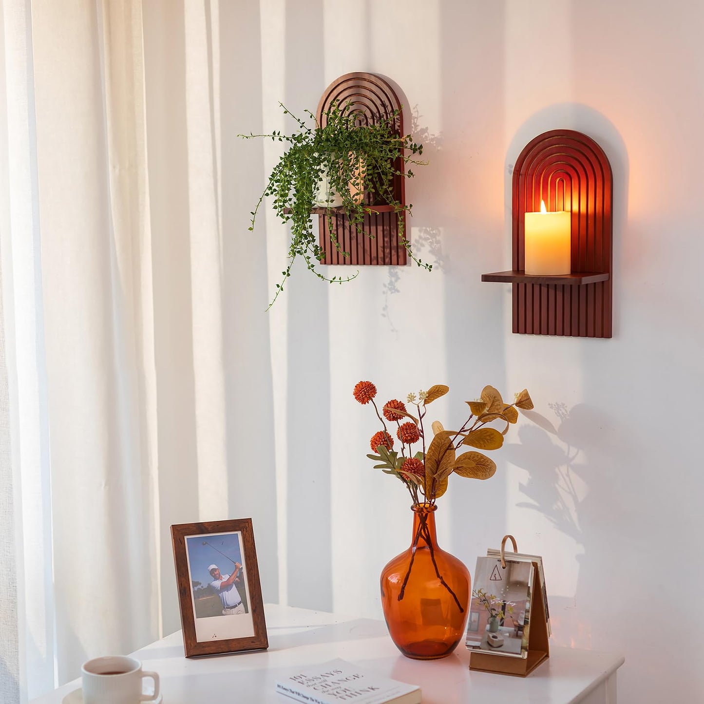Boho Wall Candle Holder Decor: Mid Century Candle Sconces Set of 2 for Plants Pillar Candles - White Wood Modern Minimalist Arch Candle Shelf Bohemian Art Decor Beside Fireplace TV BST220