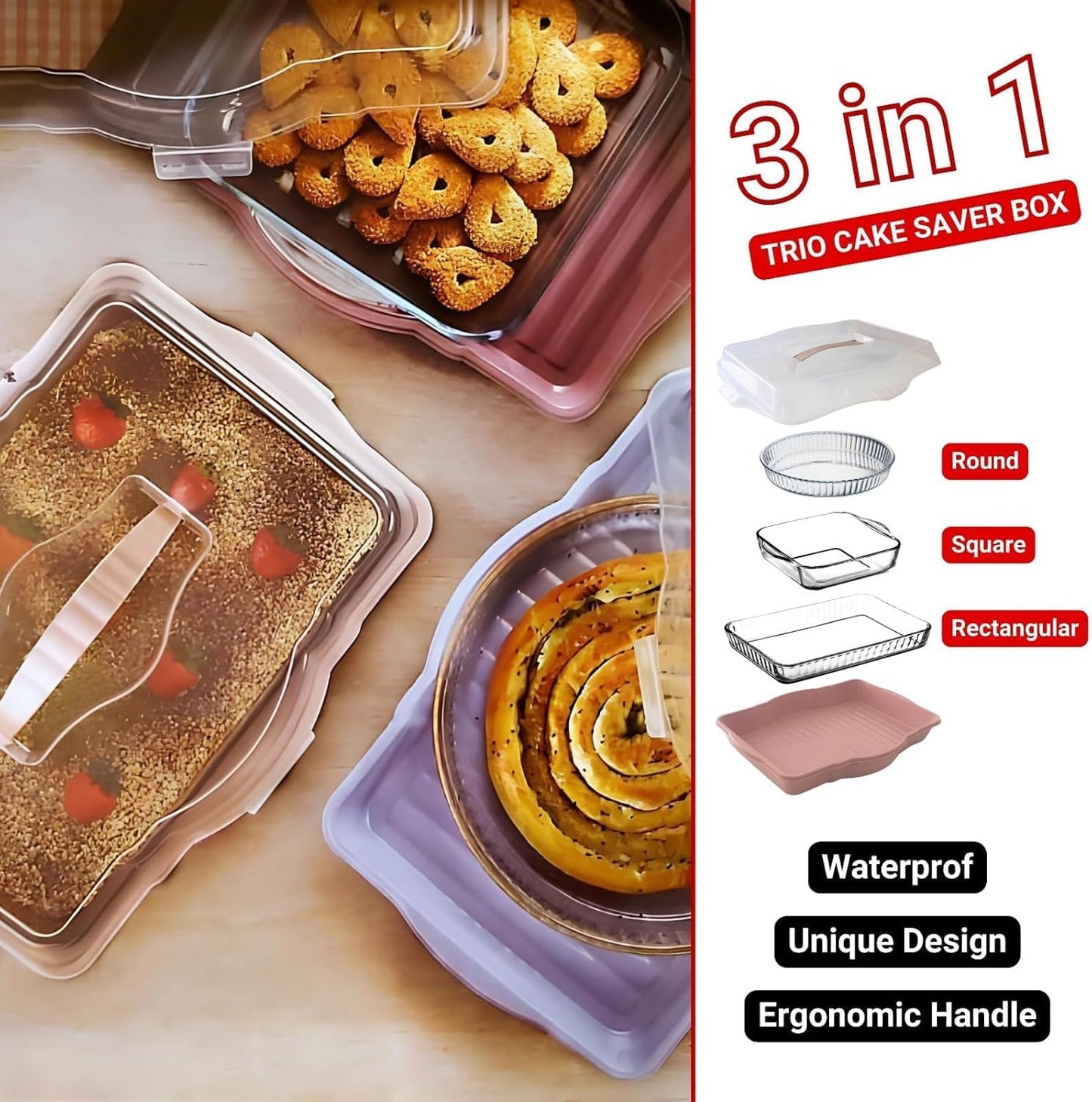 Cupcake Cake Muffin Tray Carrier, 4 in 1 Casserole Containers Holder with Lid, Pie Cupcake Carrier 24 Count, Travel Storage, Versatility Round Square Rectangular Oven Tray Carrying (Dark Grey)