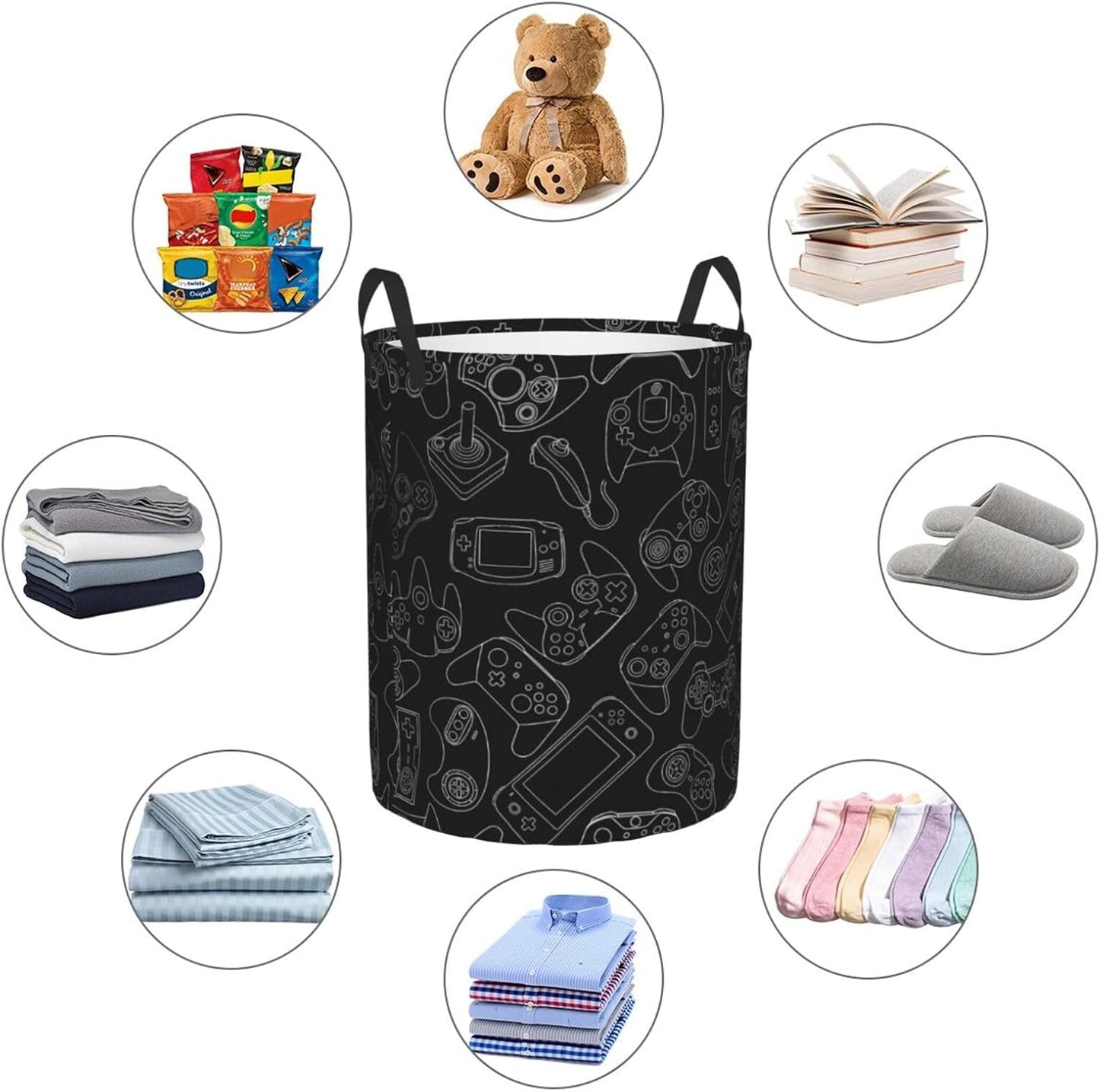 38L Round Laundry Hamper Video Game Controller Background Storage Basket Waterproof Coating Gaming Gadgets Organizer Bin For Nursery Clothes Toys BST202
