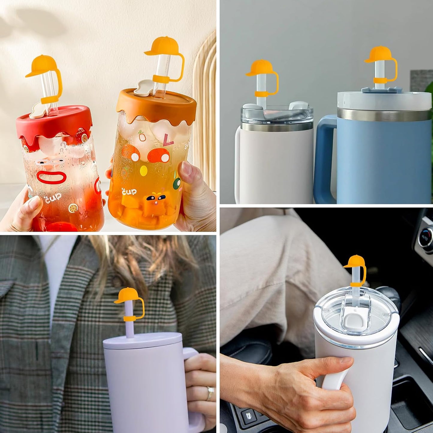 Straw Covers Cap for Tumblers 4 Pcs Yellow Hat Stanley Cup Toppers 0.4 in 10 mm Silicone Cute Straws Stoppers Tips for Water Bottle 30 & 40 Oz Cups with Handle Accessories Proof Dust Lids WN420