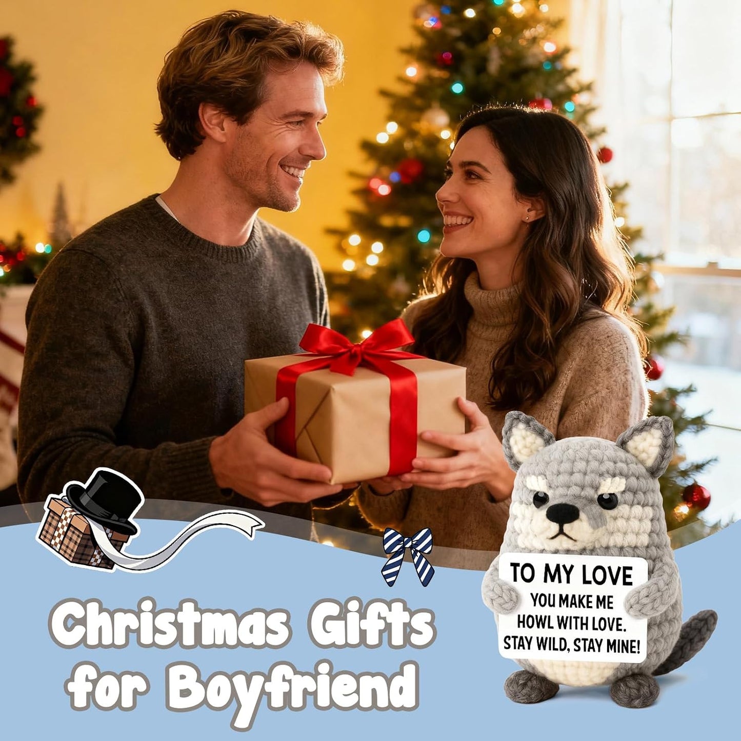 Gifts for Him Boyfriend Husband, Birthday for Men Wife Women Her, Handmade Crochet Gray Wolf Plush, Romantic Birthday Keepsake for Men Couples Wedding Anniversary WN420