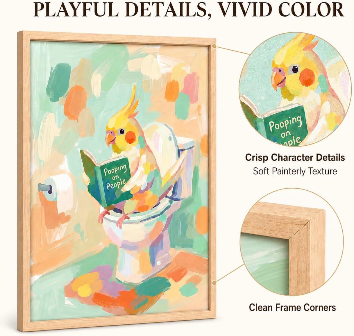 Framed Funny Parrot Bathroom Wall Art Cute Cockatiel Whimsical Canvas Print | Cute Bird Painting Natural Wood Frame Whimsical Animal Picture Playful Wall Decor for Bathroom Kids Room Nursery12x16Inche BST326H