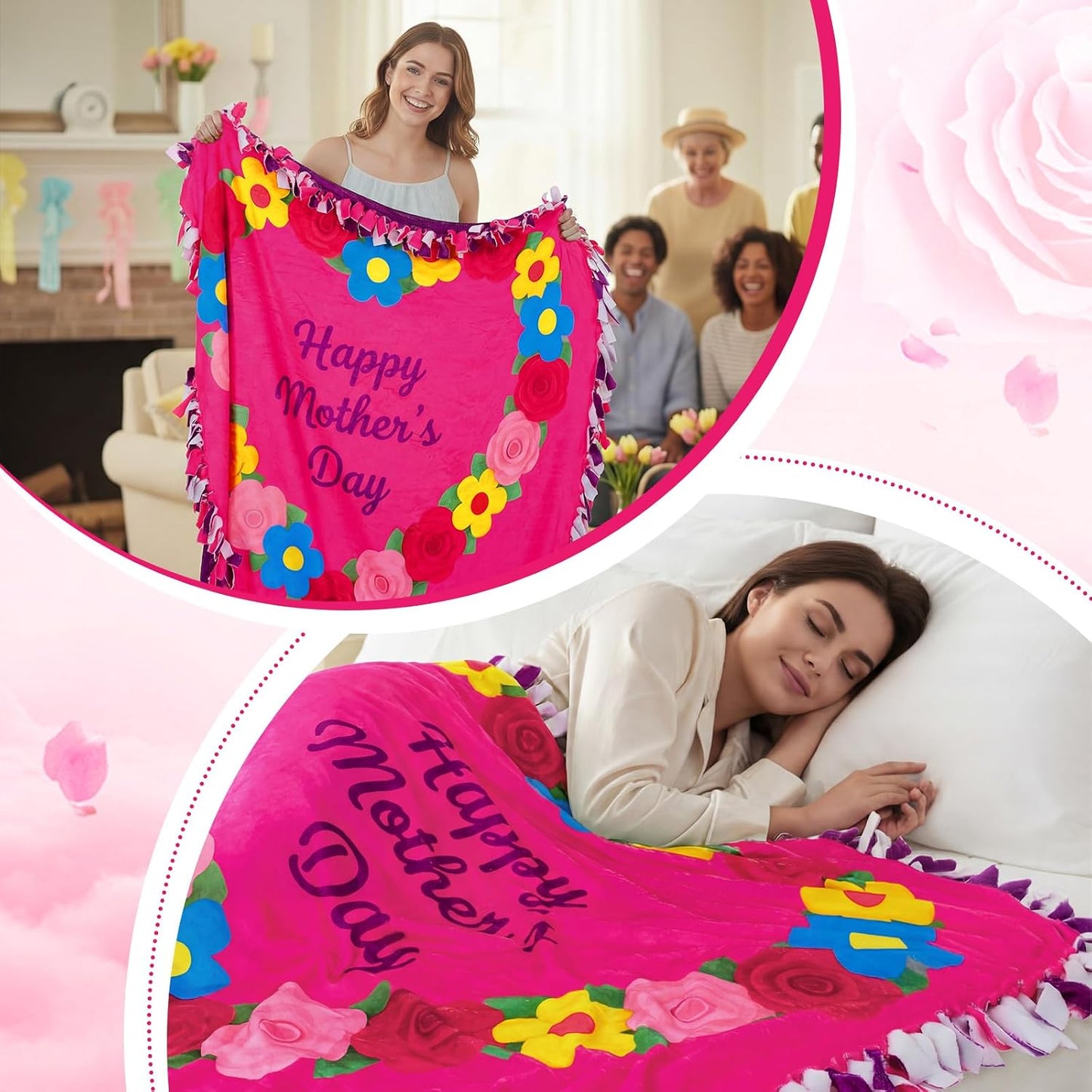 Chumia 2 Pcs/1 Set Mother's Day DIY Tie Blankets Fleece Kit Mom No Sew Blanket Craft 57 x 57 Inch No Sew Fleece Fabric Tie Knot Throw Make Happy Mother's Day Best Mom Appreciation Gifts for Bed Couch BST202